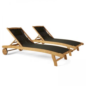 Lot de 2 bains de soleil en bois inclinable avec roues noir