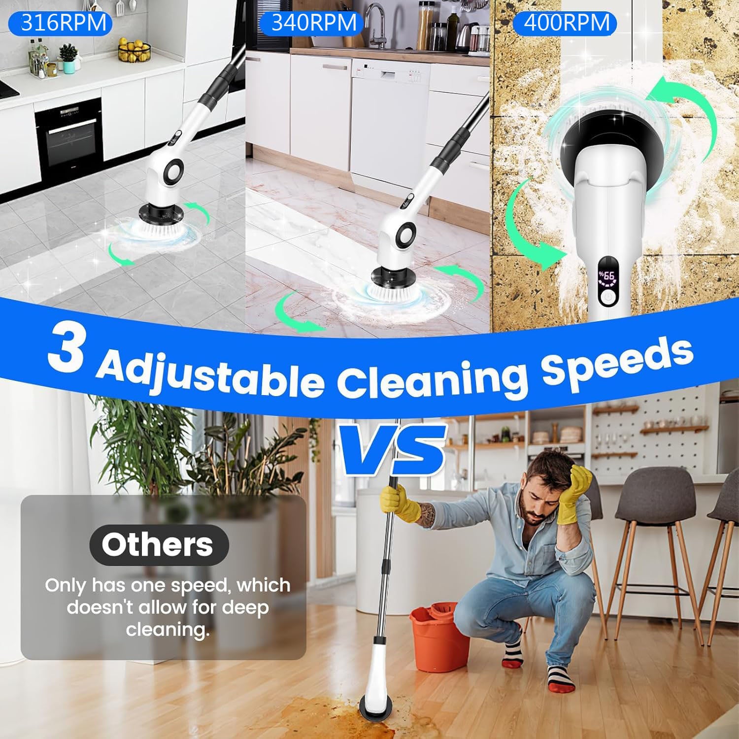 Brosse de nettoyage électrique 7 en 1 avec 7 têtes de brosse remplaçables et manche allongé réglable,brosse de nettoyage électrique pour cuisine,blanc - 3