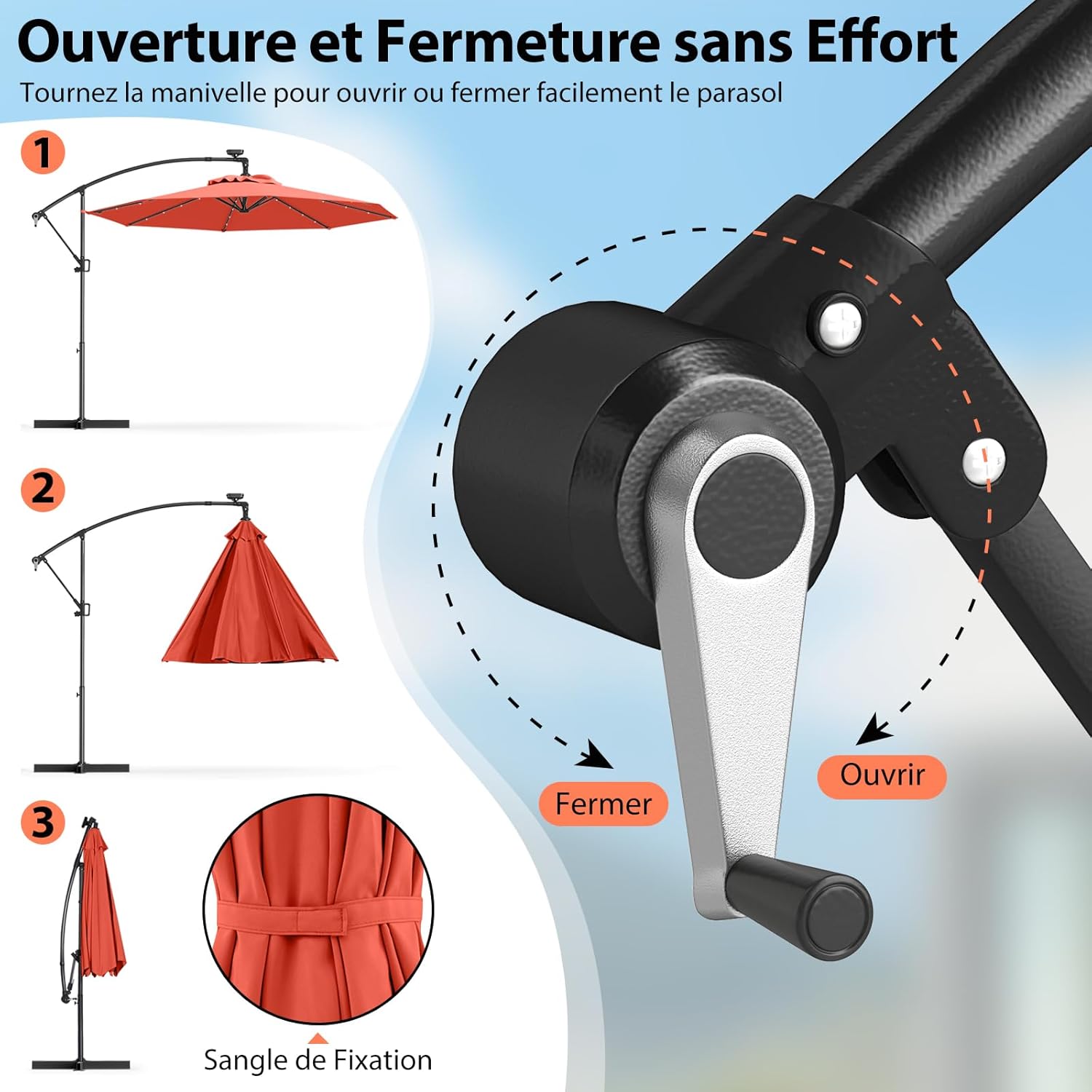 3M Parasol Déporté avec 32 LED Solaires, Parasol de Jardin 8 Baleines avec Tissu Protection Solaire, Parasol Inclinable Rotatif à 360°, Orange - 7