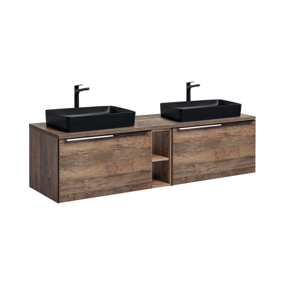 Conjunto de baño vanta en roble: muebles bajo lavabo 180cm + encimera + 2 lavabos negros para colocar