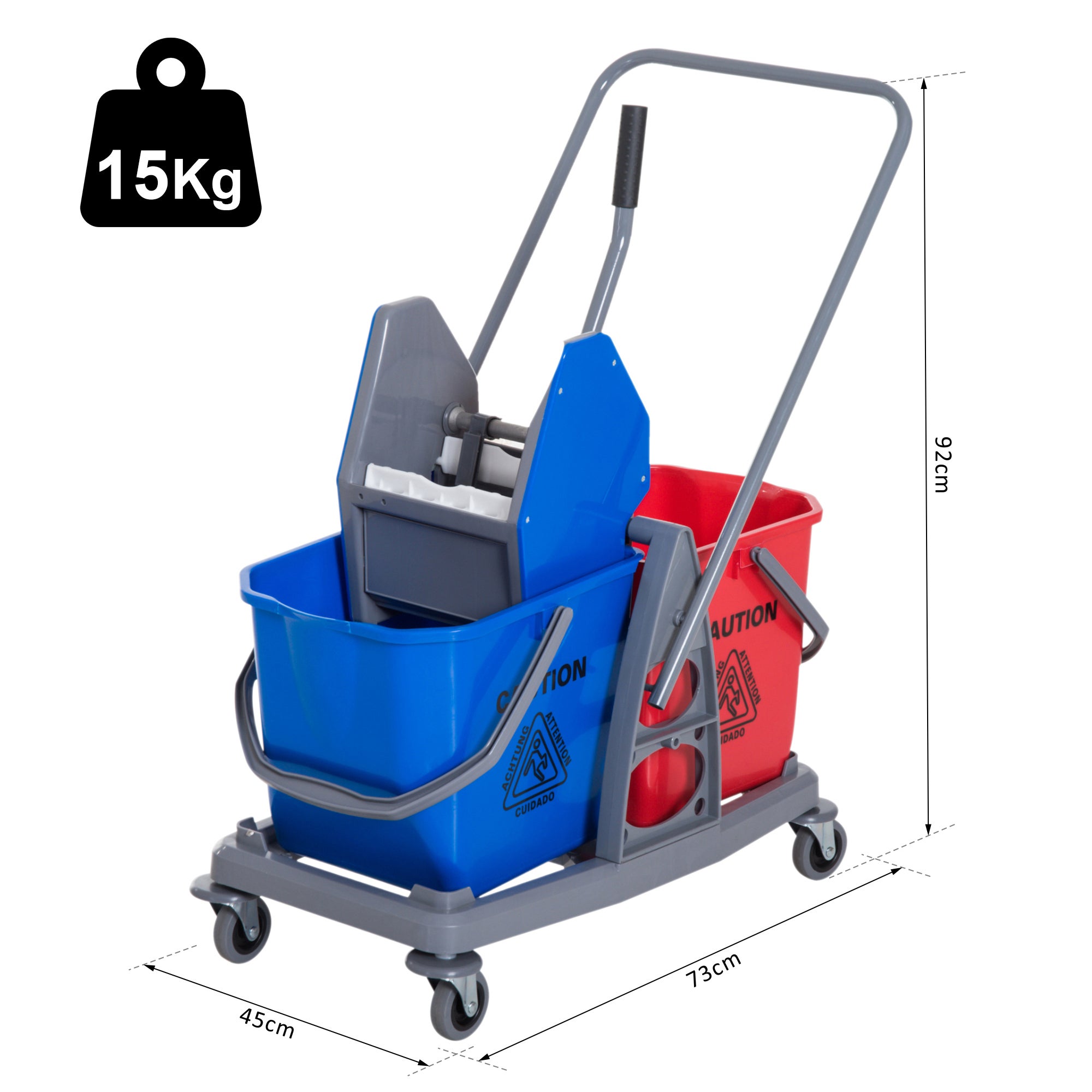 Chariot de lavage - chariot de nettoyage - HOMCOM - professionnel presse mâchoire 2 seaux 25 L mobile - plastique - gris bleu rouge - 3