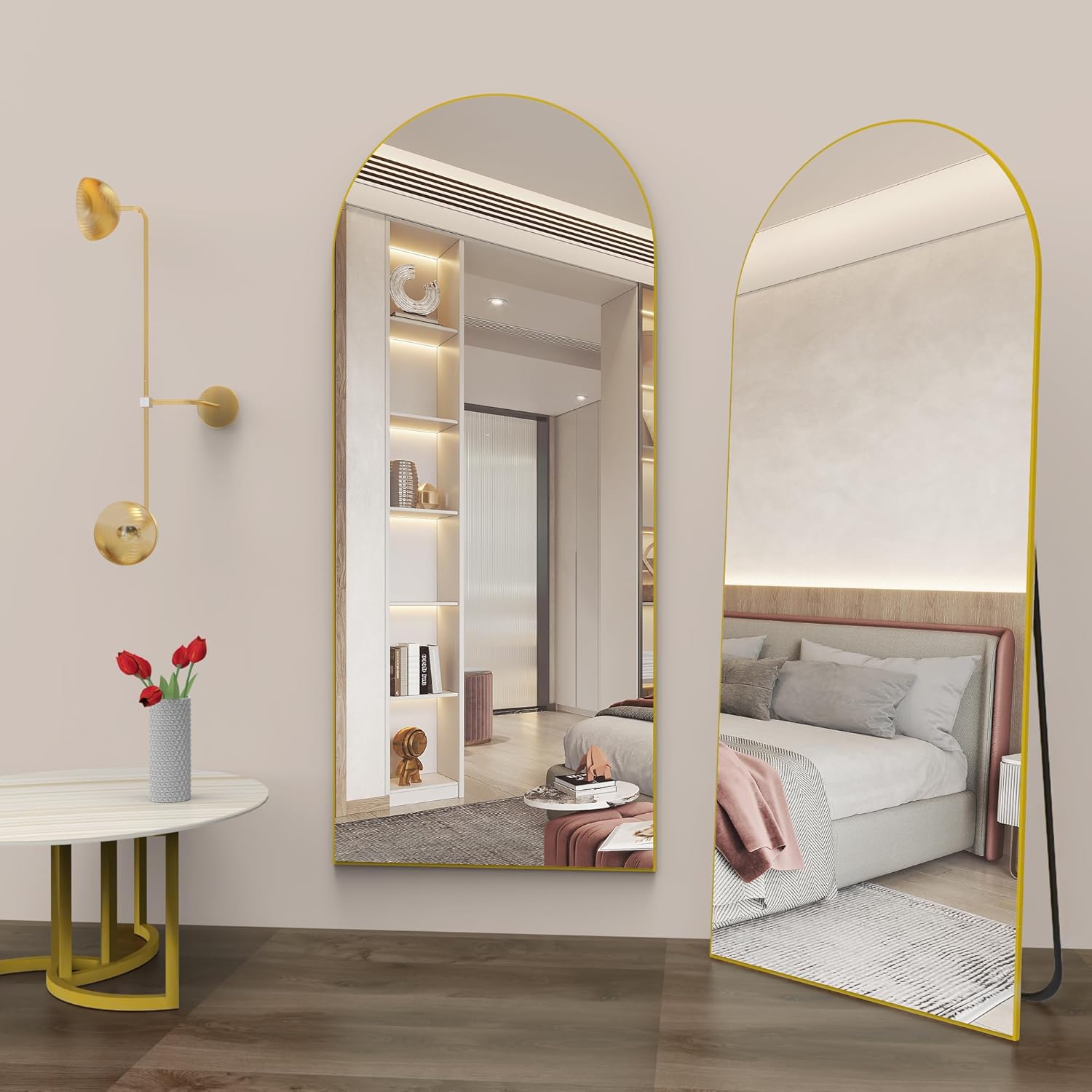 Miroir pleine longueur 165 x 60 cm, miroir de sol avec cadre en aluminium, miroir sur pied arqué lisse, doré - 5