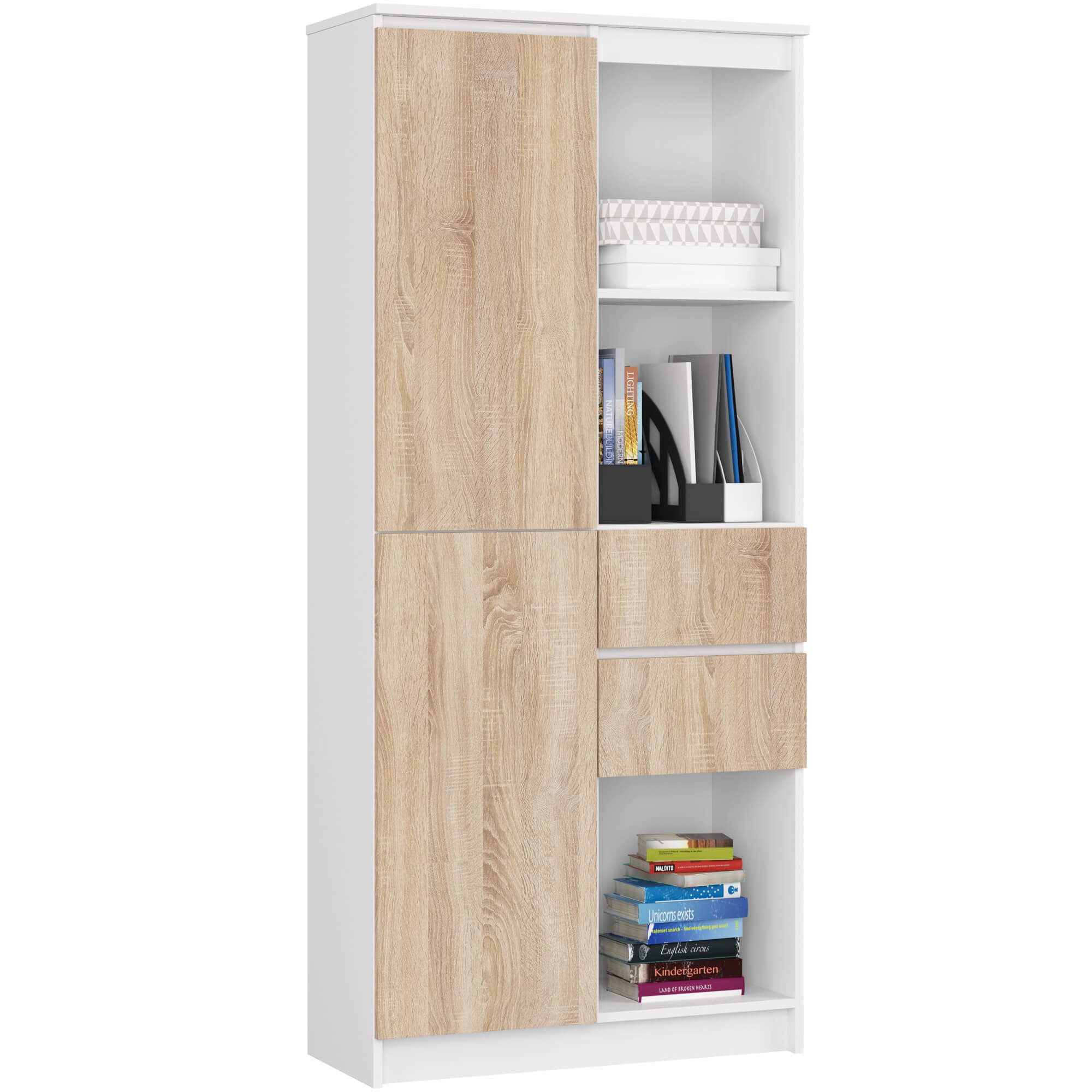 Regał AKORD R15 Biały 80 cm 1 drzwi 2 szuflady kolor Dąb Sonoma mat 7 półek 80x35x180 cm