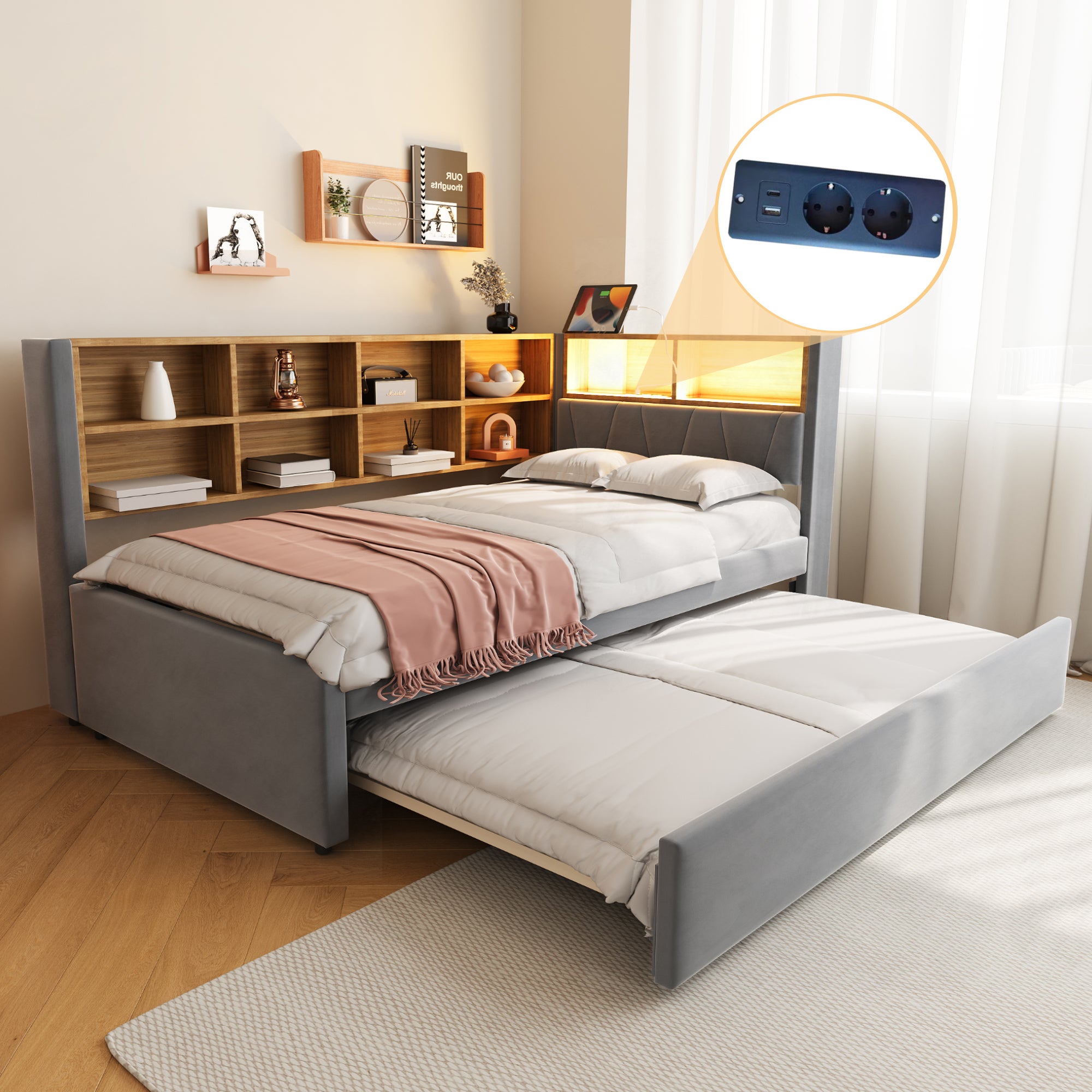 Lit Gigogne Enfant 90x200 Cm+90x190 Cm, Canapé-lit, LED, USB Type-c, Étagère, Sommiers, Lin Beige - Lit gigogne