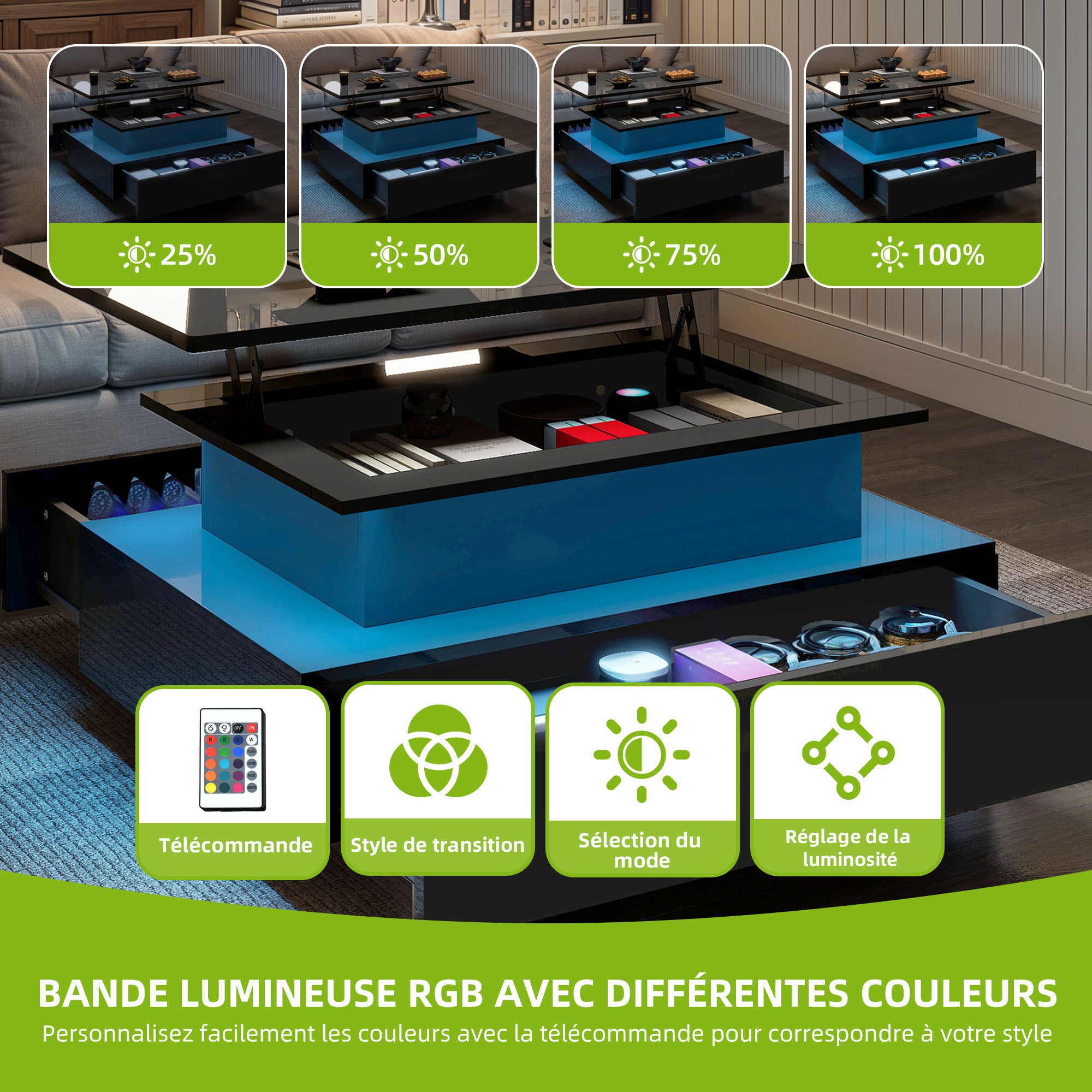 Balconera Table basse Plateau Relevable - Éclairage LED - 2 tiroirs de rangement - 85 x 55 x 56 cm - Noir - 7