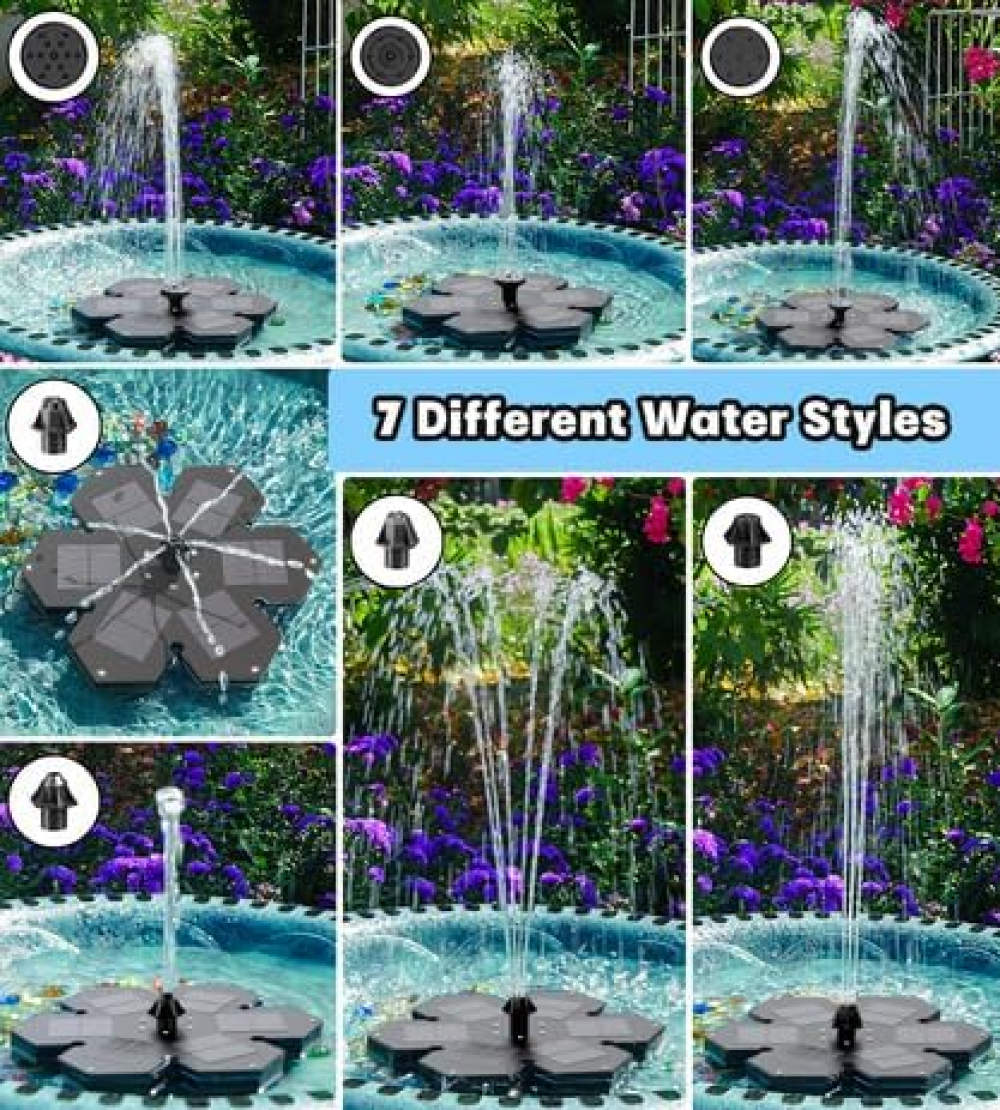 Fontaine solaire avec LED 2025, pompe flottante solaire d'extérieur 1,5 W, 7 buses pour bain d'oiseaux, étang, piscine, terrasse, fontaine de jardin - 2