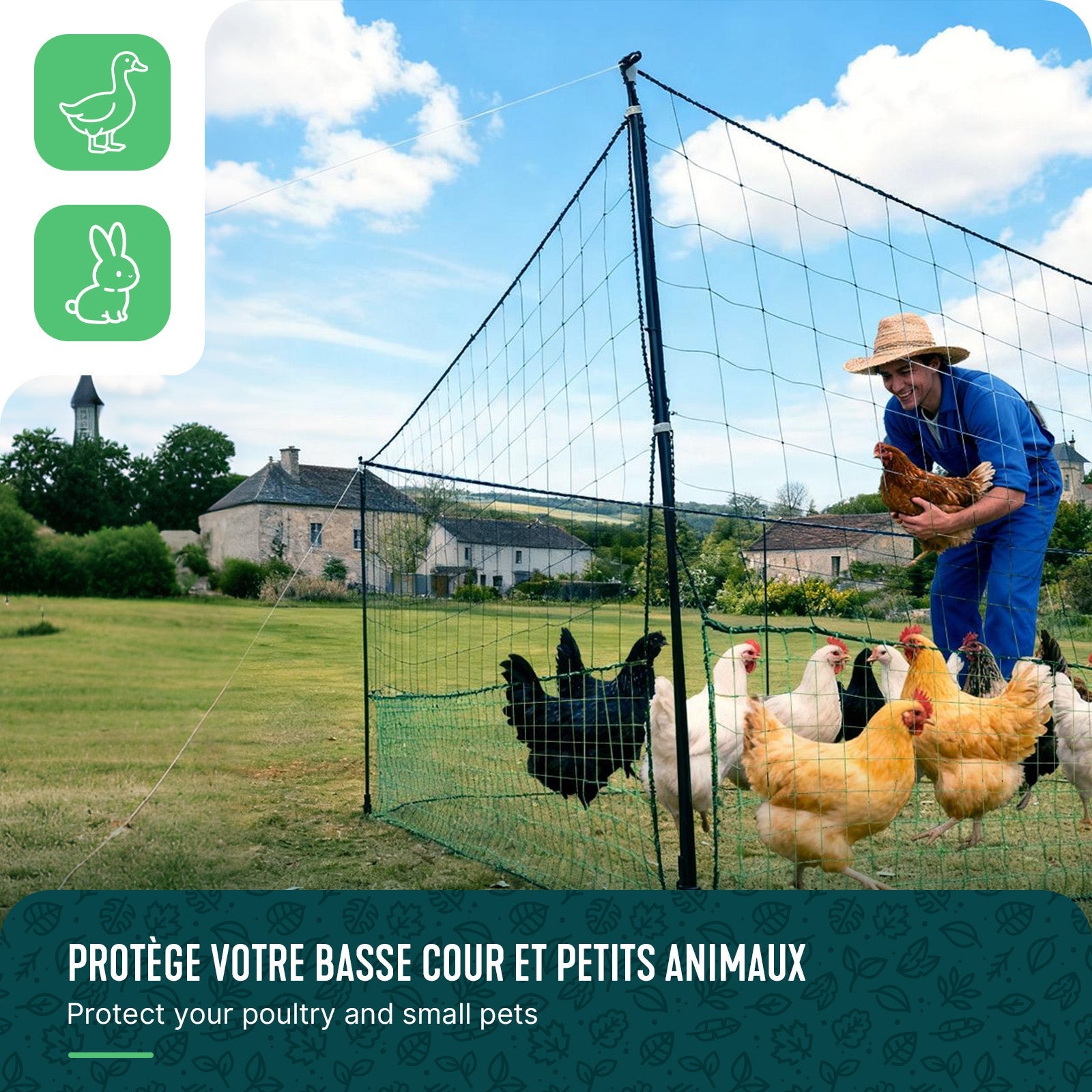 Kit filet à poules 12m avec piquets double pointes - Clôture volaille avec porte d’accès - Enclos extérieur en PE vert - VOUNOT® - 7