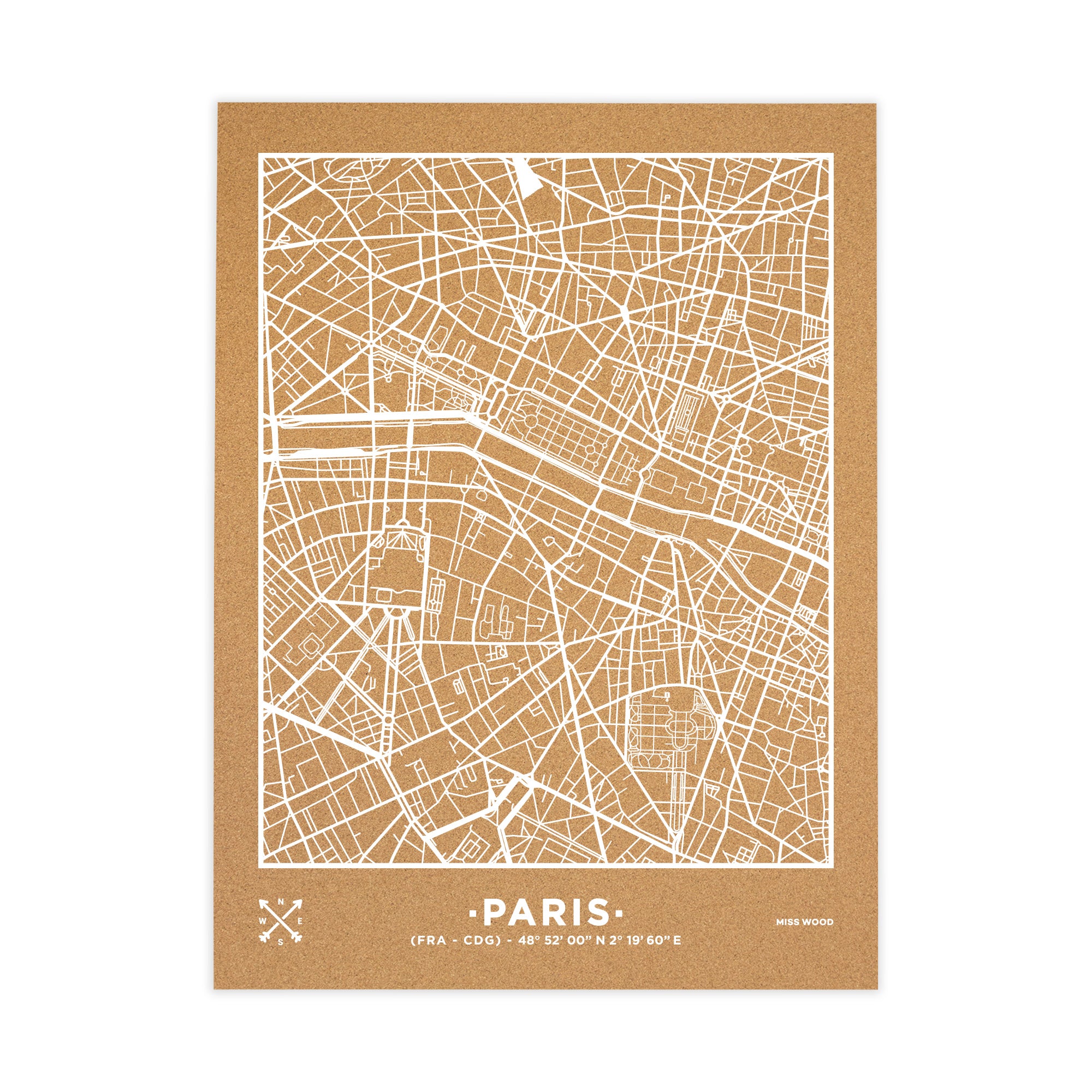 Mapa de corcho - woody map natural paris / 90 x 60 cm / blanco / sin marco
