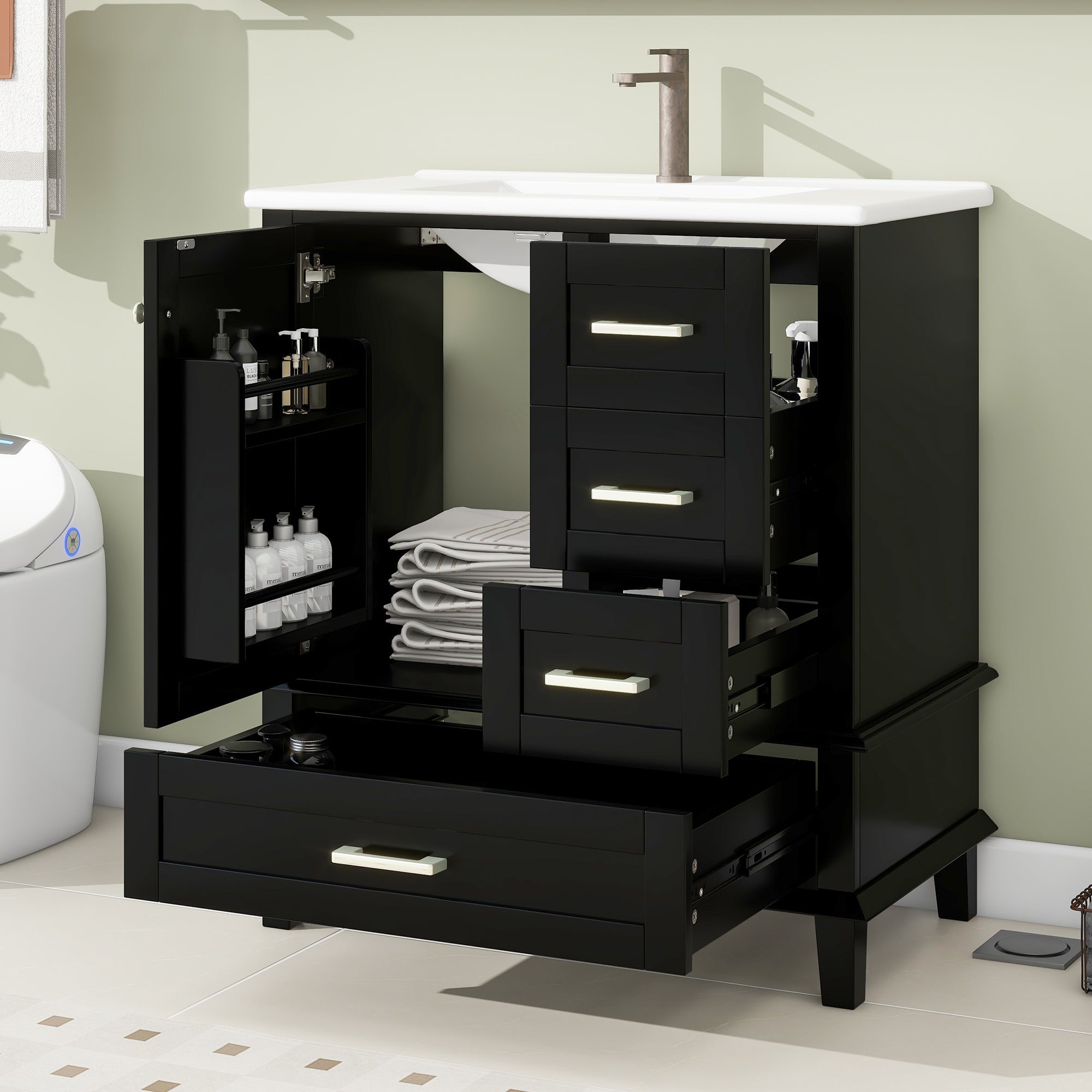Móvel de banheiro com pia única, 1 porta e 2 gavetas, gabinete de base com cuba de cerâmica - 73 x 45,5 x 83,5 cm - Madeira MDF - Preto - 2