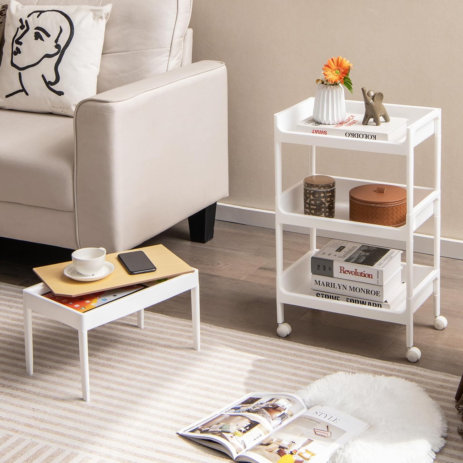 Carrello da Cucina a 3/4 Piani, Carrello con Vassoio Staccabile e Ruote Bloccabili, Carrello Multiuso per Cucina Bagno Lavanderia Spazi Strett - 3