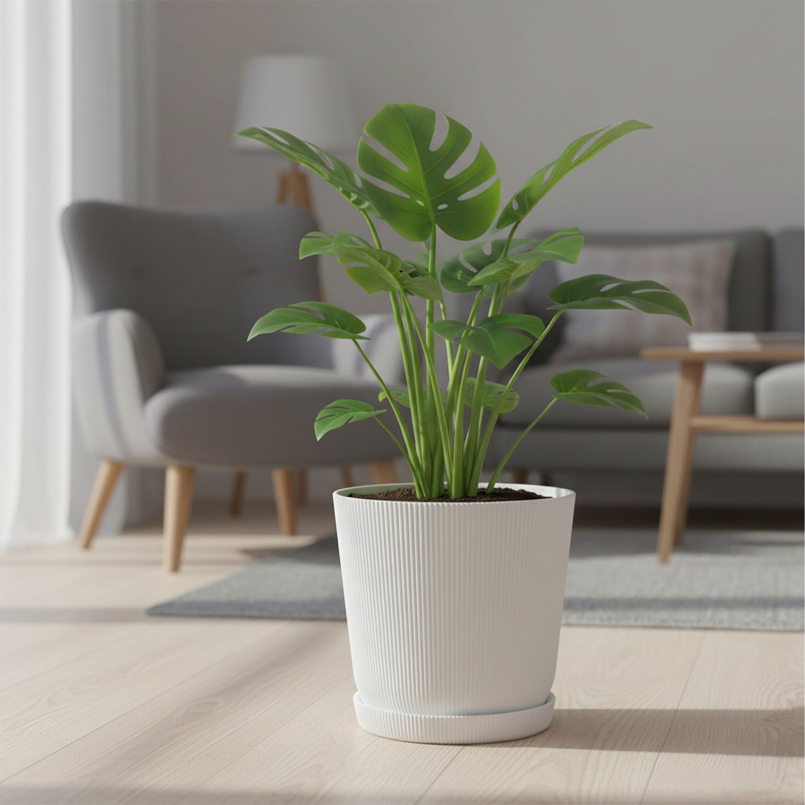 Lot de 2 pots à plantes cannelés avec soucoupes, H x Ø: 20 x 20 cm, pour herbes aromatiques, plastique, blanc, relaxdays - 2