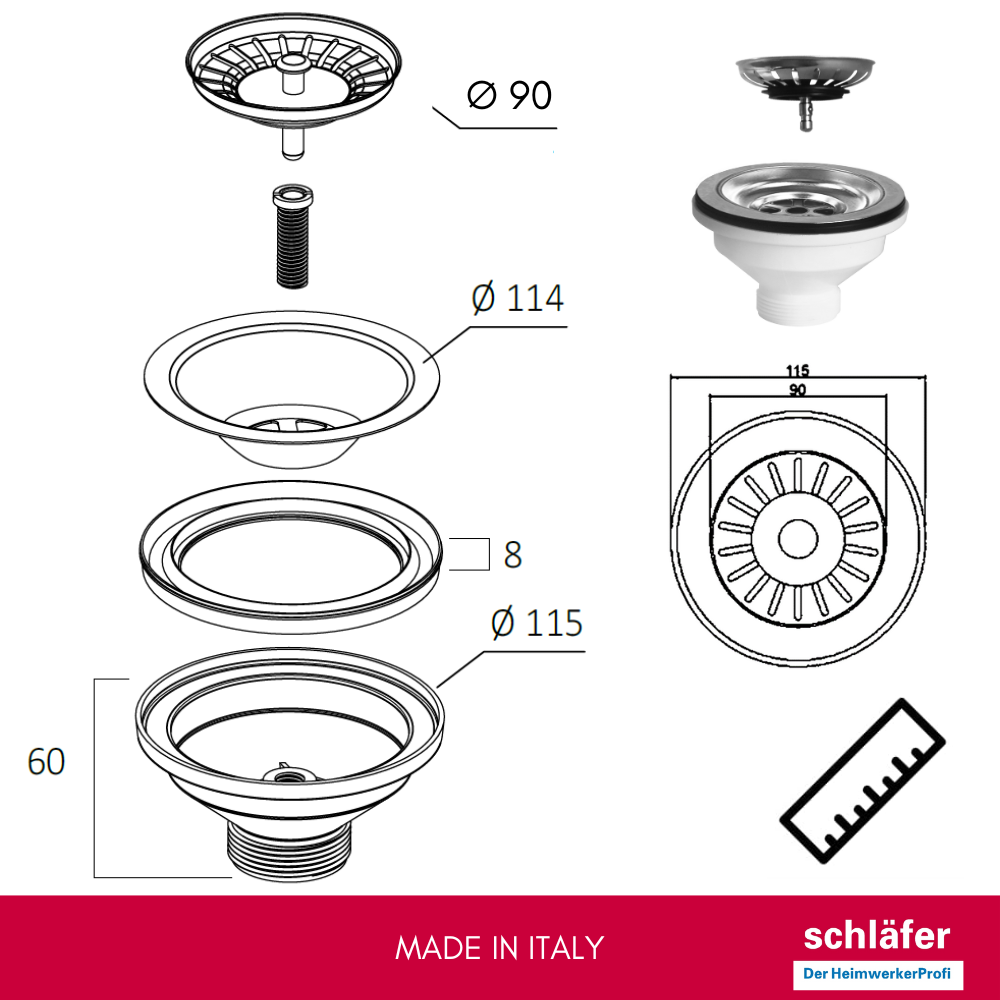 Schläfer | Bonde à Panier pour Évier Cuisine Ø 90 mm - 439726 - Vidage Manuel sans Trop-Plein - Grille Inox Ø 114 mm & Corps ABS - Sortie 1 1/2