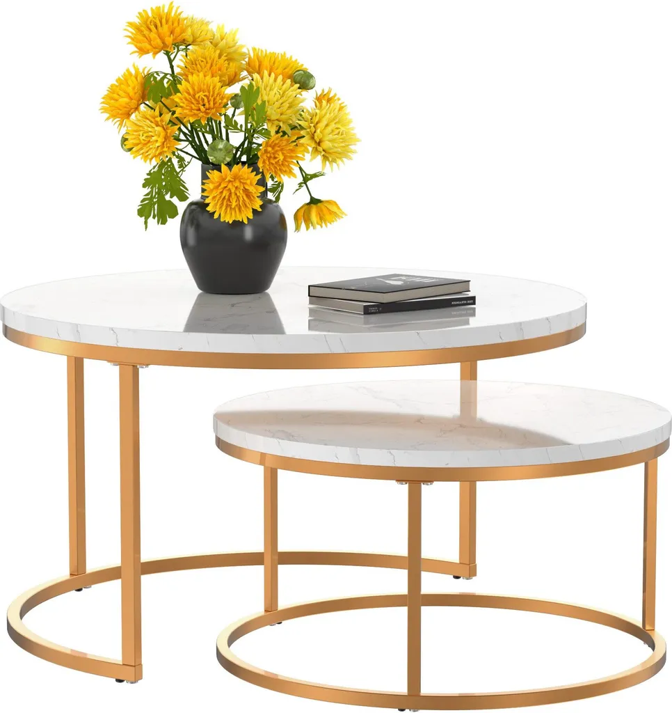 Table basse gigogne ronde, lot de 2, table basse gigogne blanche, cadre en métal doré, placage de marbre - 5