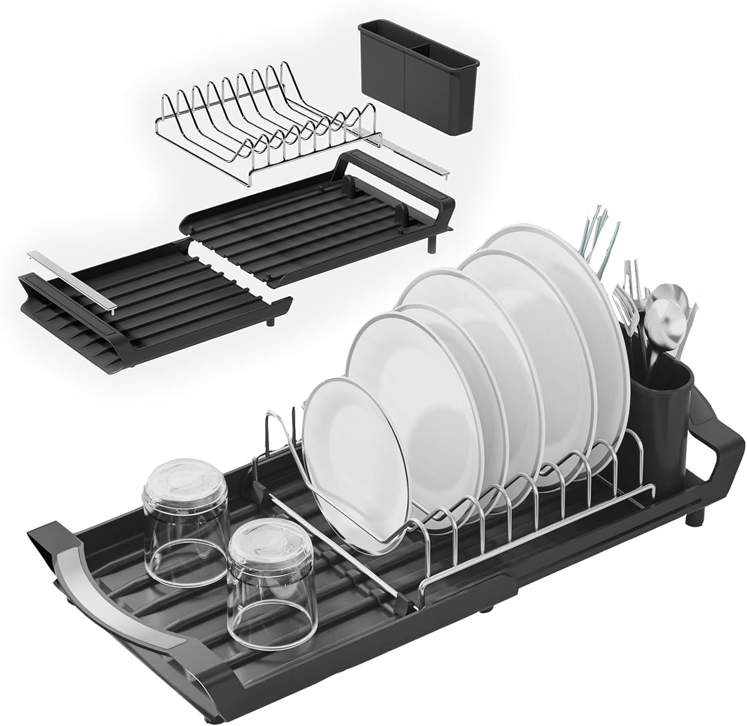 Rozkładana suszarka do naczyń z wyjmowanym pojemnikiem na sztućce, rozkładana suszarka do naczyń na blat, czarna