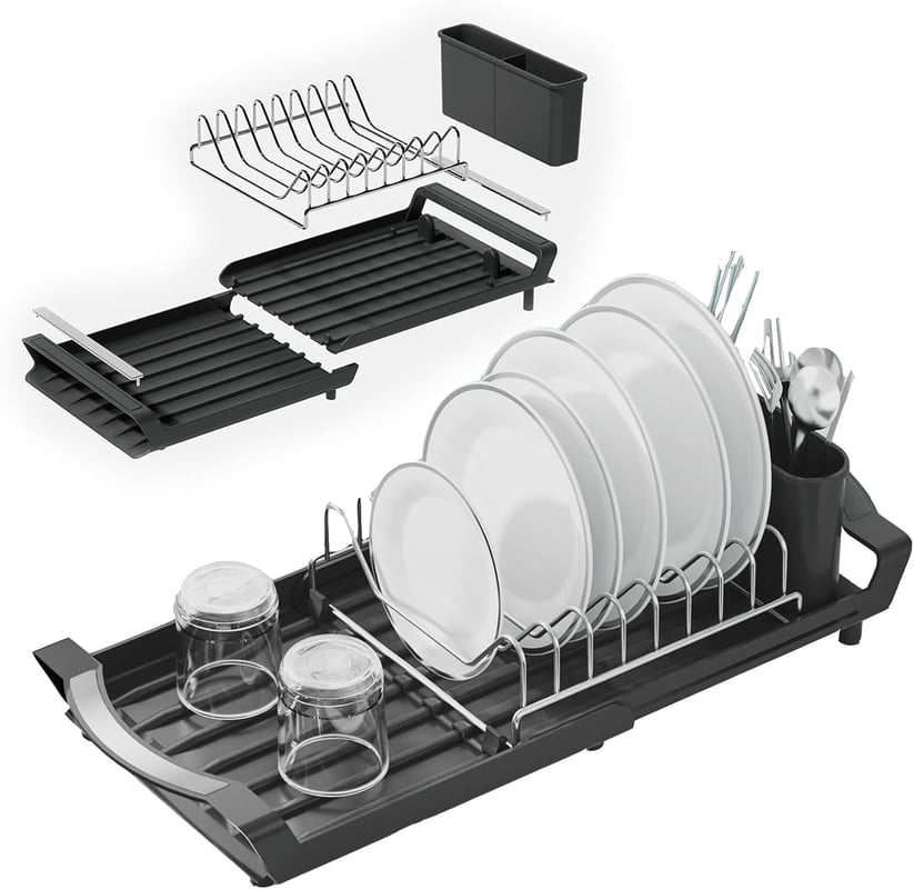 Rozkładana suszarka do naczyń z wyjmowanym uchwytem na sztućce, rozkładana suszarka do naczyń do blatu roboczego, czarna