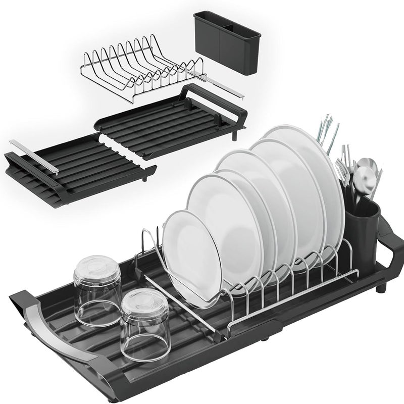 Rozkładana suszarka do naczyń z wyjmowanym pojemnikiem na sztućce, rozkładana suszarka do naczyń na blat, czarna