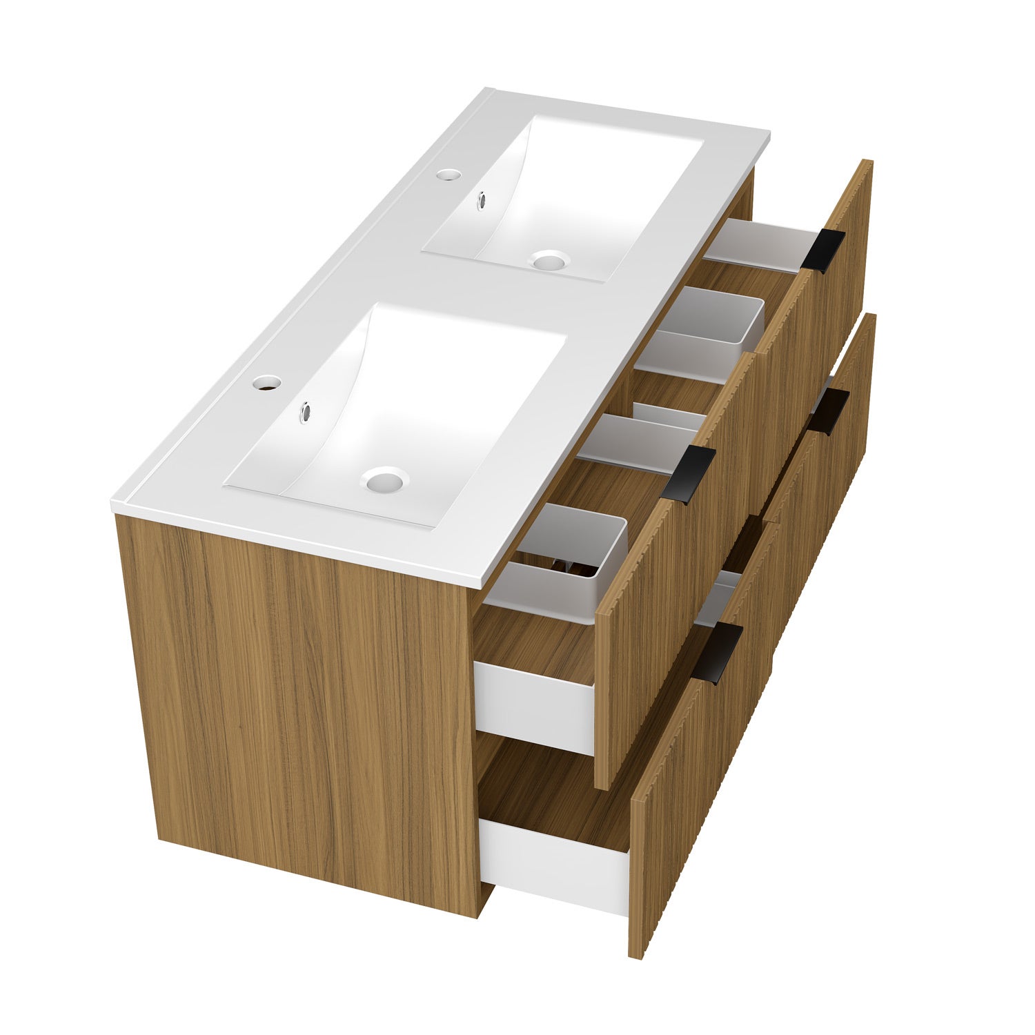 Meubles Salle de Bain 120cm avec double vasque céramique - 4 tiroirs meuble effet noyer - 2