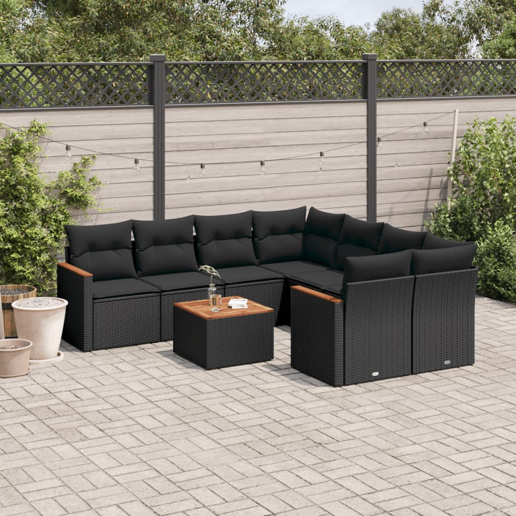 Meble ogrodowe vidaXL 9 szt. rattan i czarne poduszki