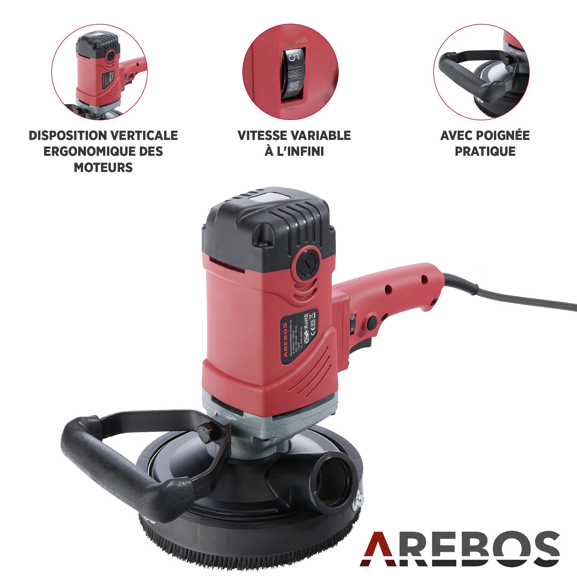 AREBOS Ponceuse à Beton Rabot fraiseuse a Beton 1500 W avec les Accessoires réglable en hauteur - 4