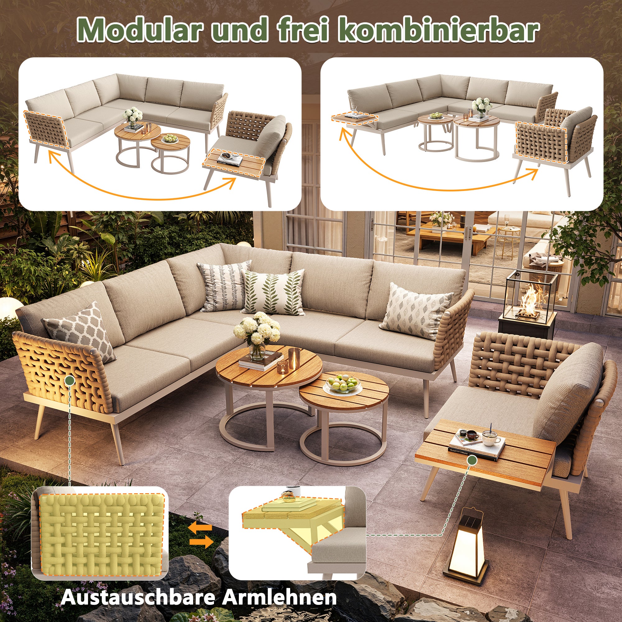 Salon de Jardin Exterieur pour 6 places,avec 2 tables basses en bois,Canapé d'angle extérieur en forme de L,avec coussin,Main courante tressée, Beige - 9
