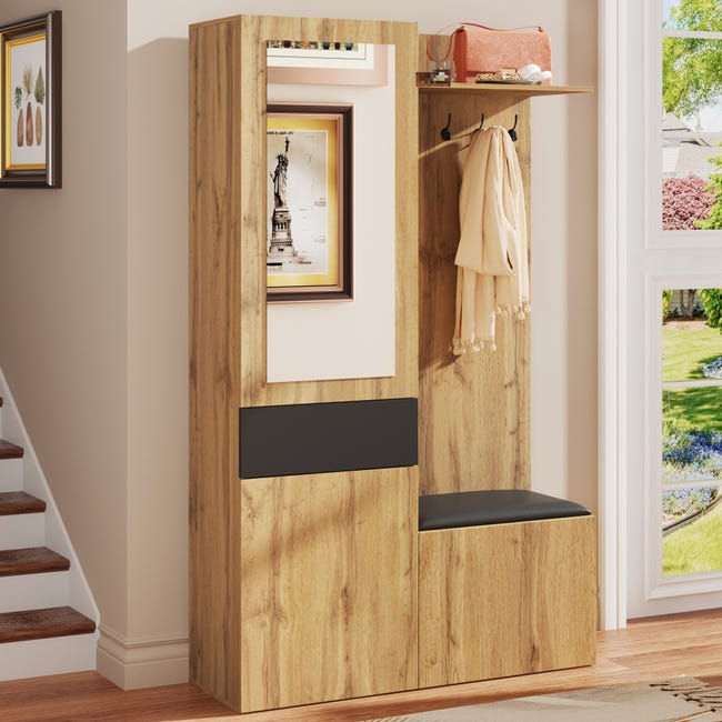 Mueble recibidor 98,5x38x191 cm, espejo, gran almacenaje y asiento ...