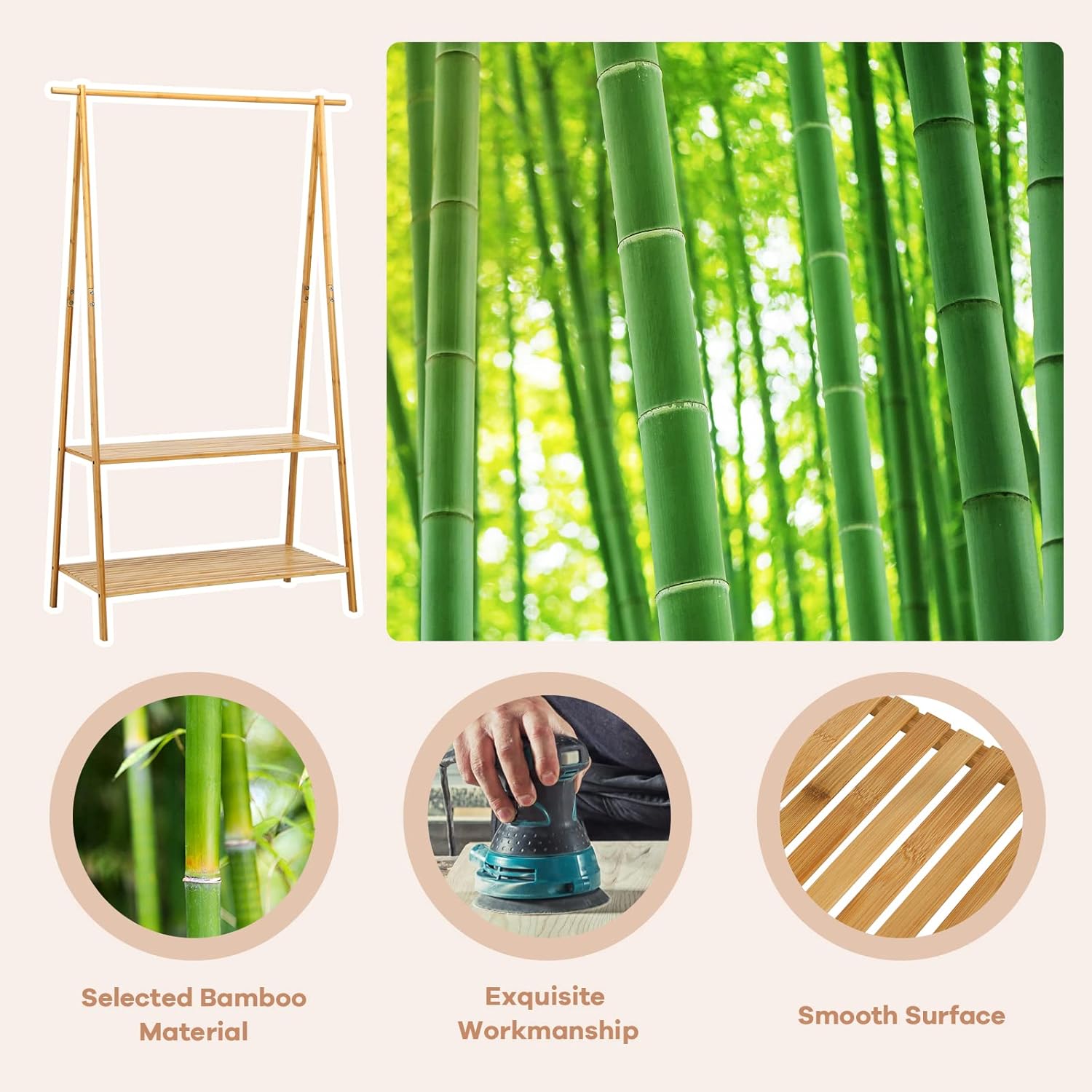 Penderie en Bambou,Porte-vêtements sur Pieds avec 2 Étagères,Tringle de Suspension,Dispositif Anti-basculement - 3