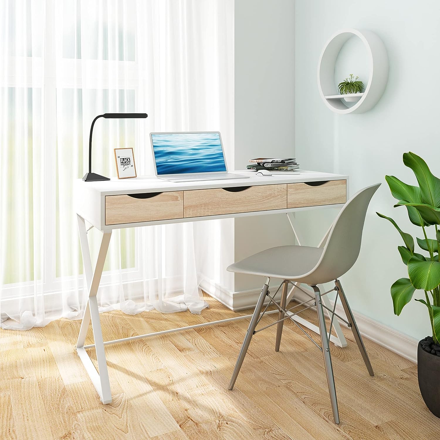 Table de bureau en bois et acier,Bureau d’ordinateur avec 3 tiroirs,Table de travail,110x50x75cm,Blanc,WOLTU - 3