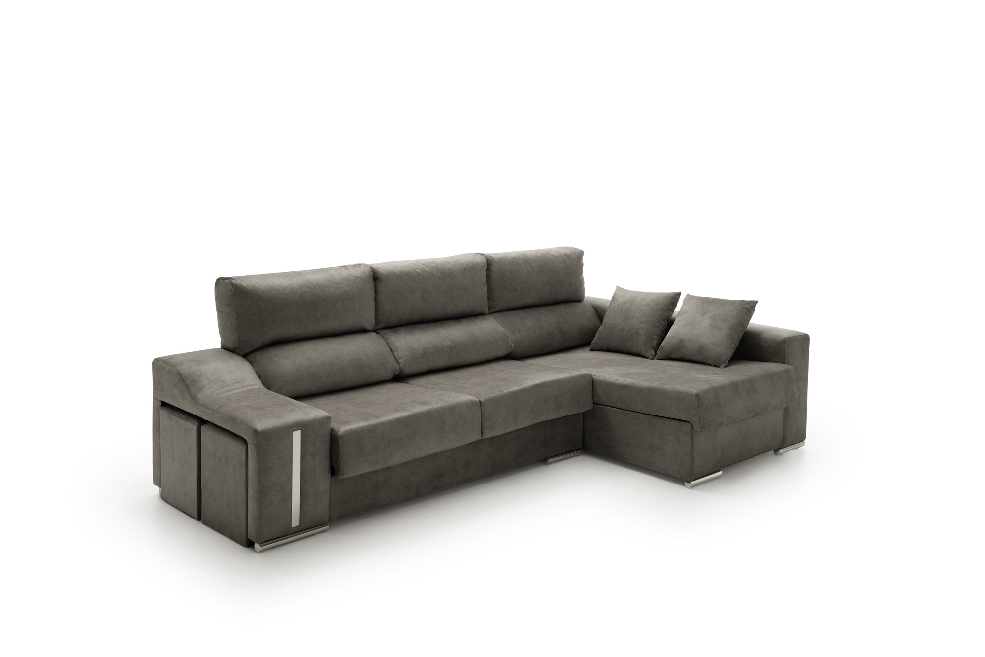 Sofa chaise longue reclinable y deslizante con puffs serena alta gama gris oscuro derecha