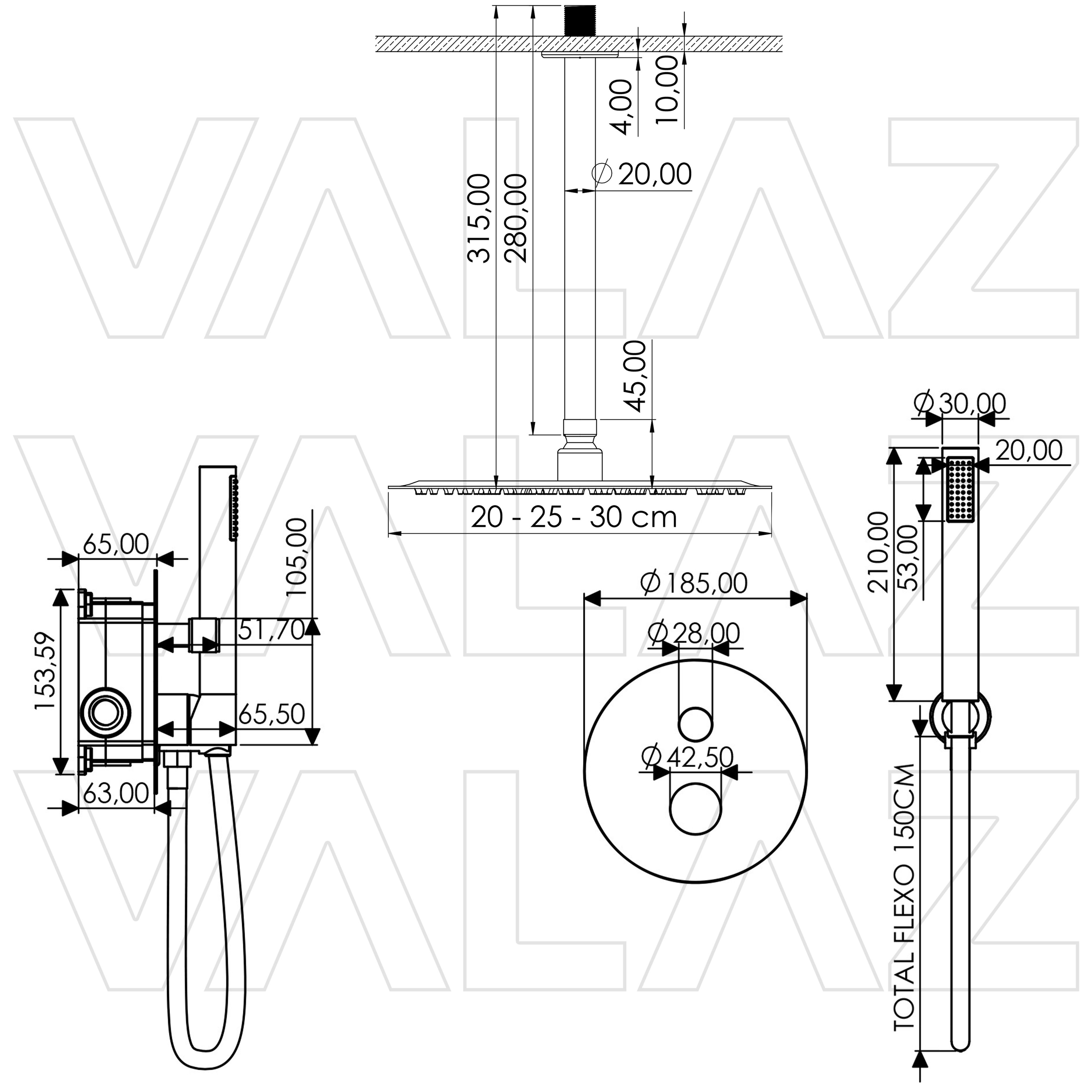 Valaz Douche de plafond ronde à levier unique avec poignée de luxe en or mat et protection PVD - Série Besaya - 20 cm - 2