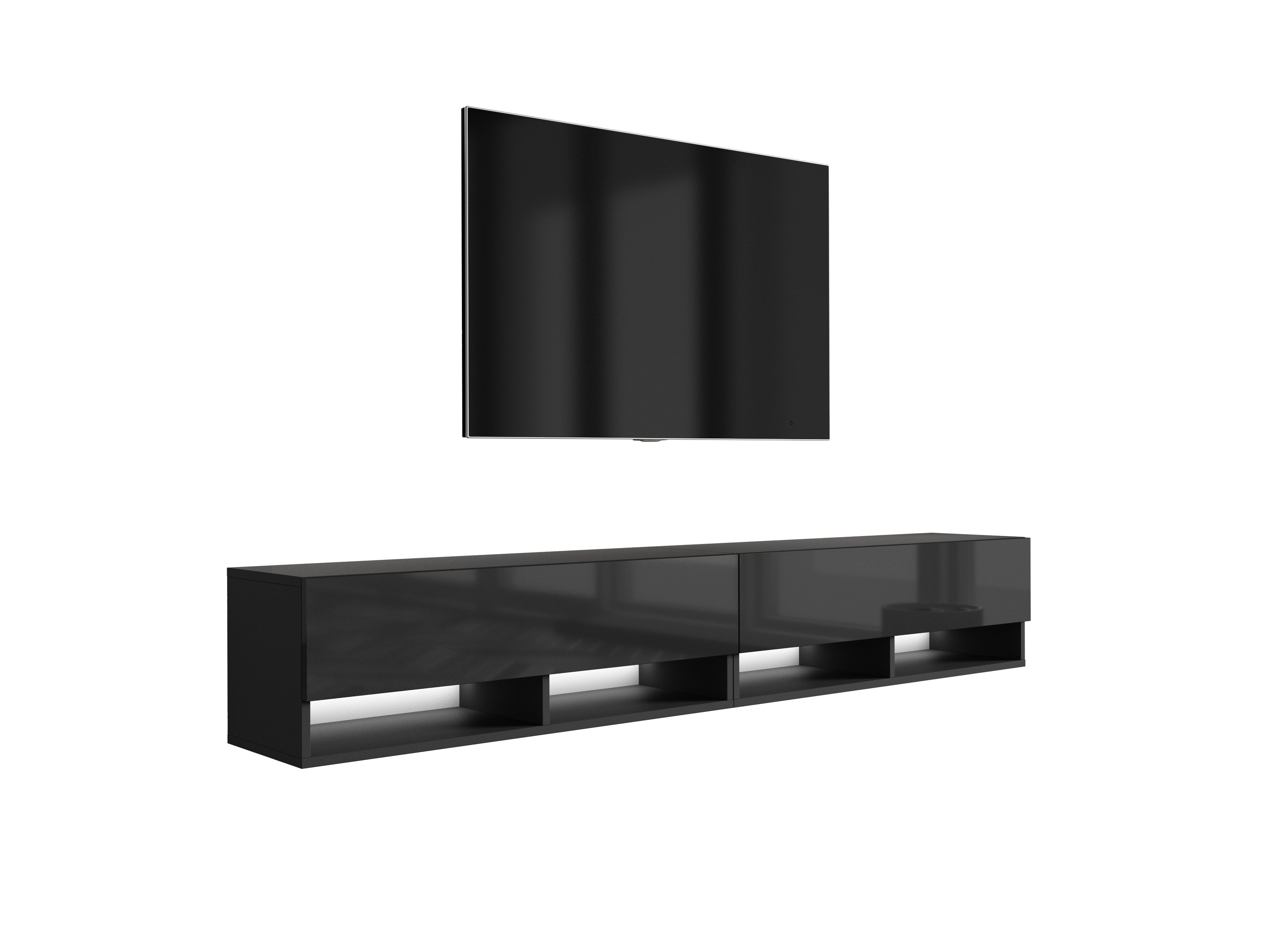 Szafka RTV : Czarny Mat / Czarny Połysk, LED biały, 200 (2 x 100) × 32 × 34 cm