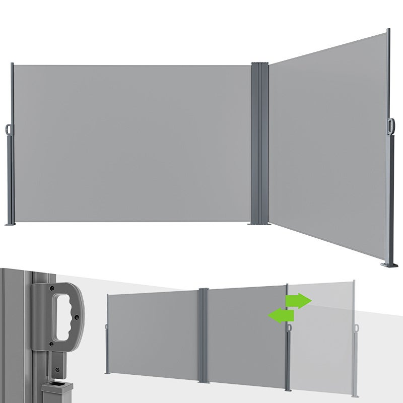 Biombo exterior retráctil doble 180 x 600 cm toldo lateral con funda protectora - toldo lateral vertical para proteger la intimidad - gris