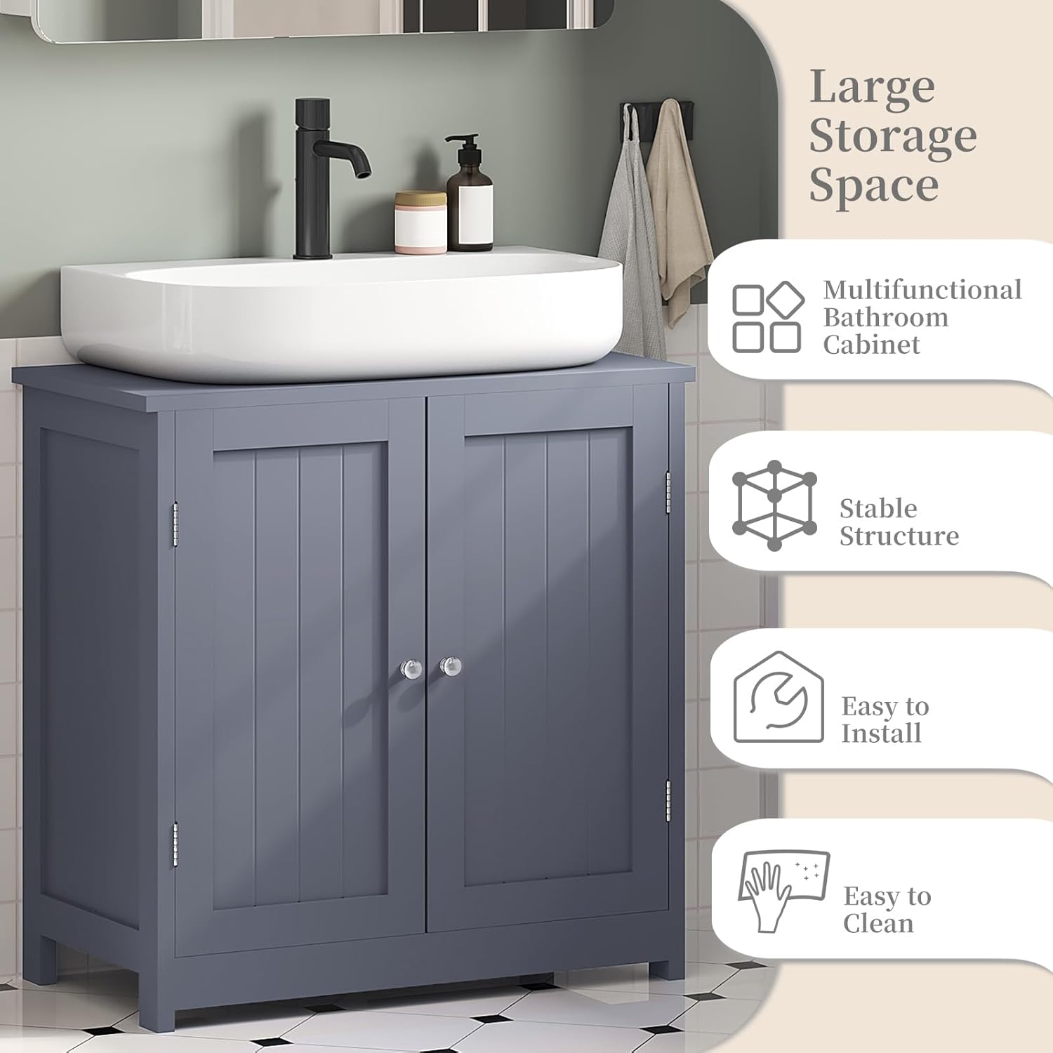Meuble de salle de bain - Meuble sous lavabo en bois - Meuble de rangement - Armoire de salle de bain - en MDF - 60x60x30cm - Gris - WOLTU - 5