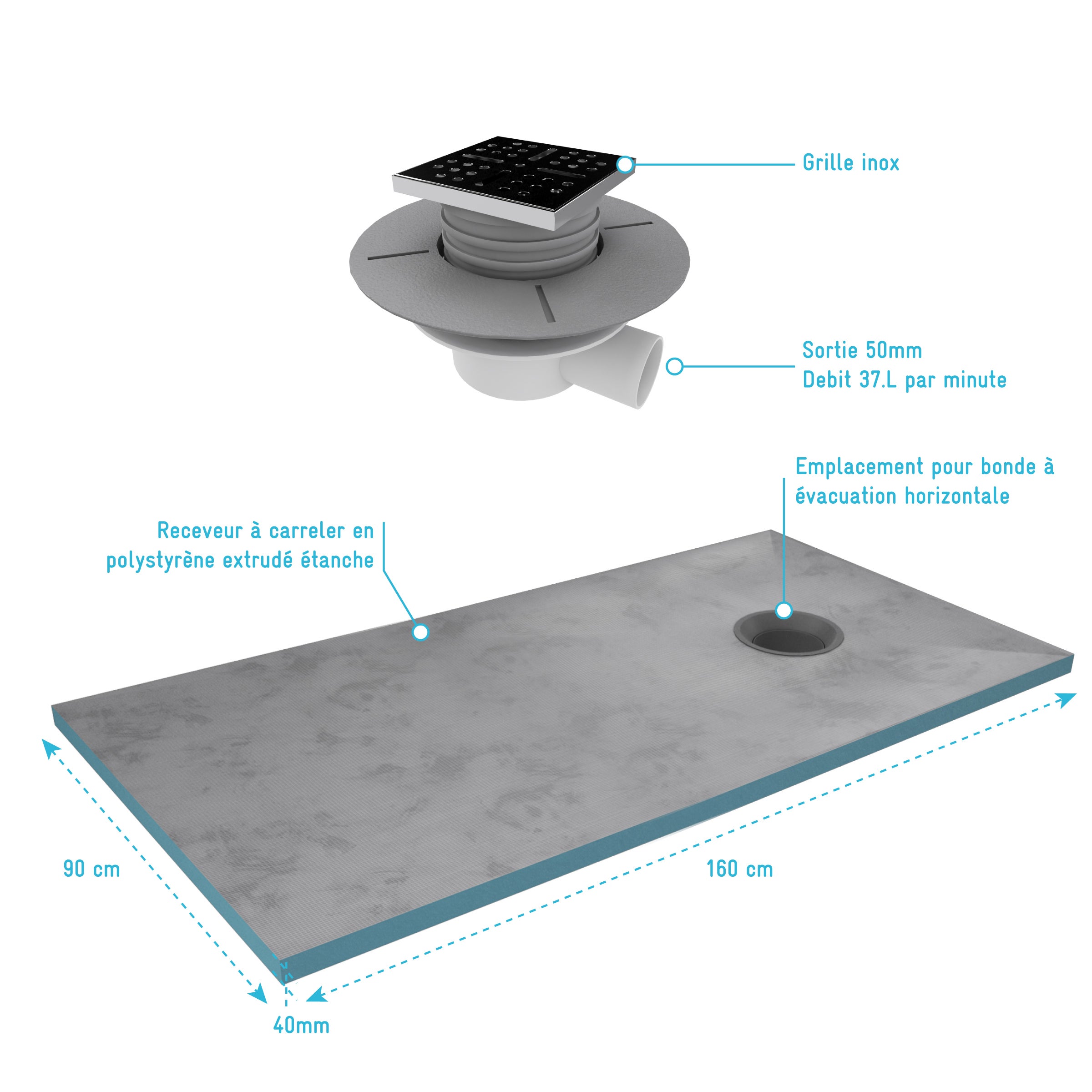 Receveur de Douche à Carreler 140x90 cm avec Bondes à Sortie Verticale - Grille Noire - 3