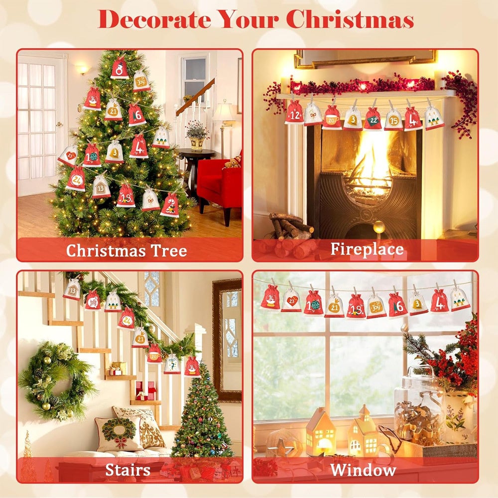Set per il conto alla rovescia di Natale, sacchetto portaoggetti in lino con coulisse, 24 giorni, con coulisse e clip, 10 x 15 cm - 4