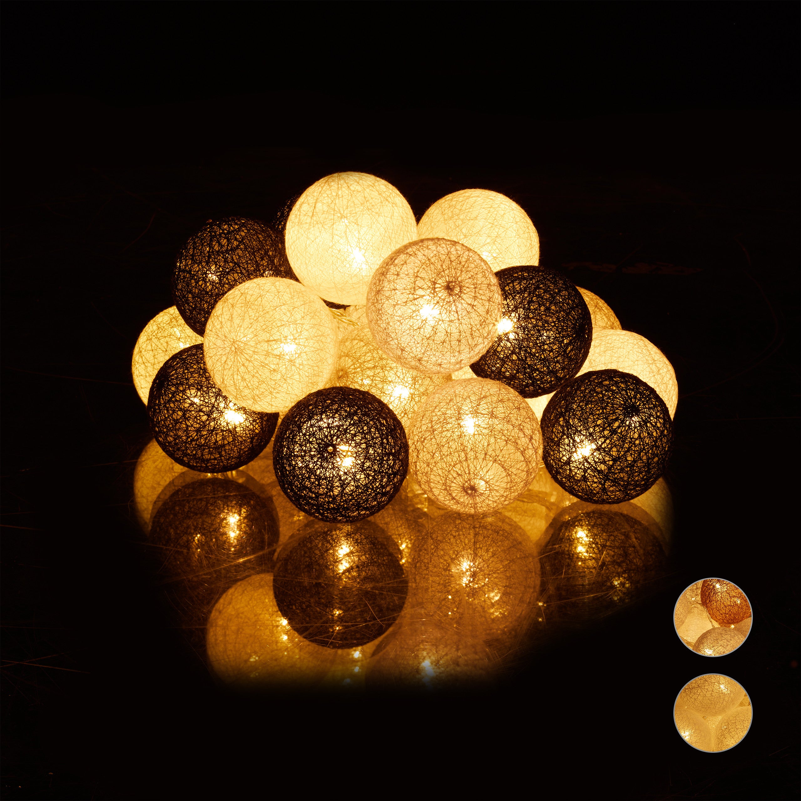 Relaxdays Guirlande Lumineuse LED 10 Boules Coton Gris/Marron - Piles - Lumière Blanche Chaude