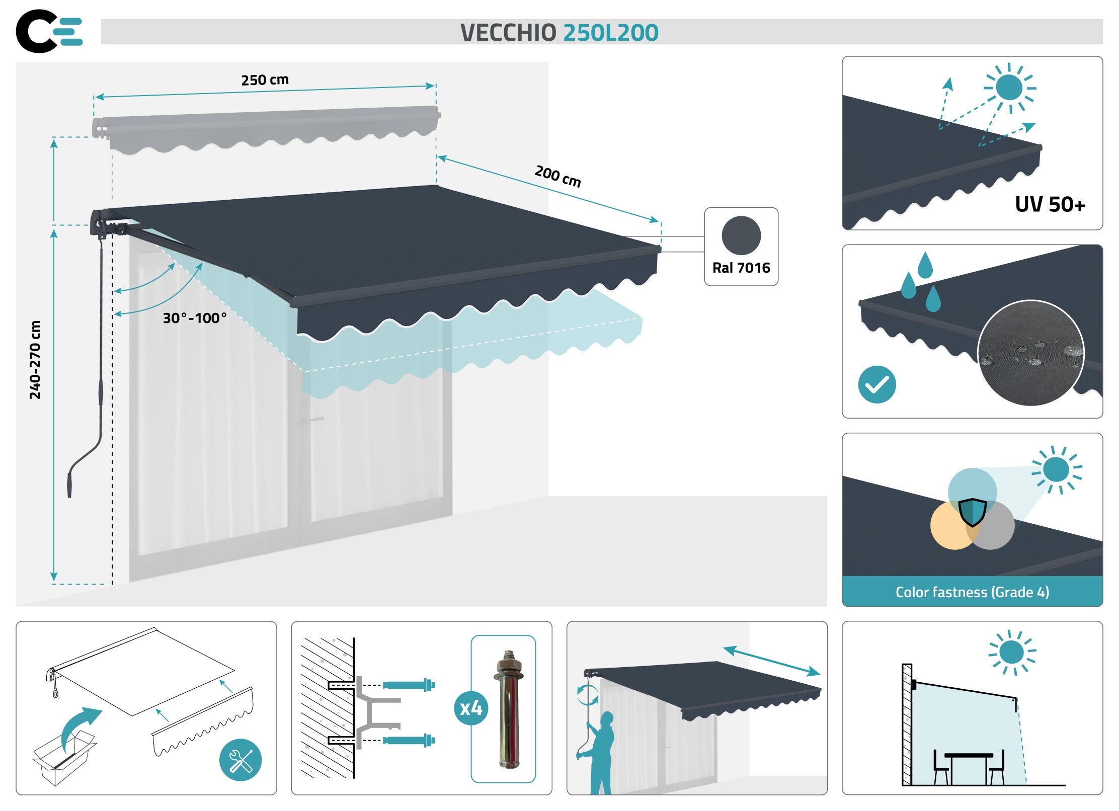 Store banne monobloc VECCHIO 2,5m x 2m - Toile premium 320g/m2 Gris - 2