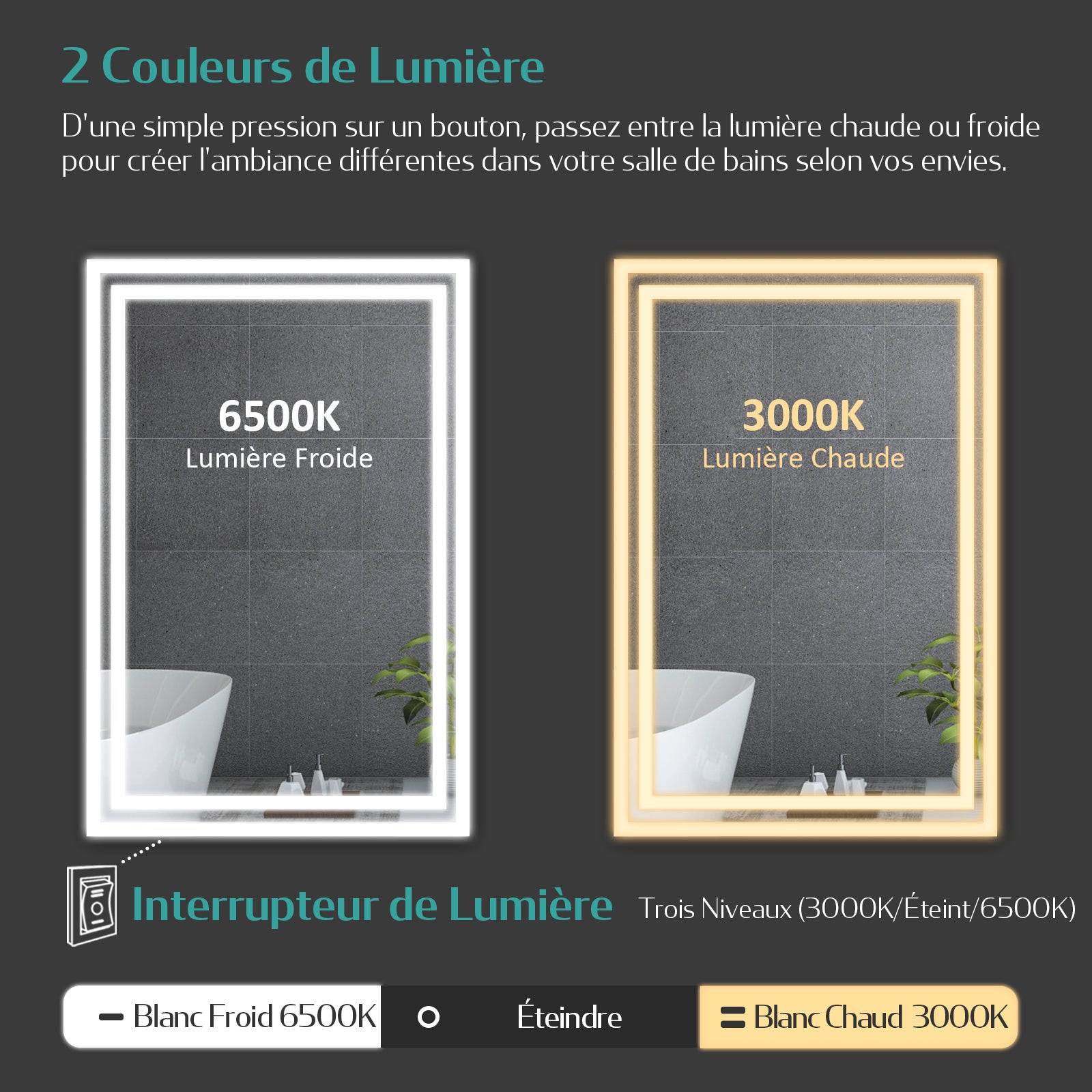 EMKE Miroir lumineux salle de bain 120x60cm, Miroir LED avec Interrupteur à bouton, Anti-buée, Miroir avec éclairage lumière Blanche Froide/Chaude - 5
