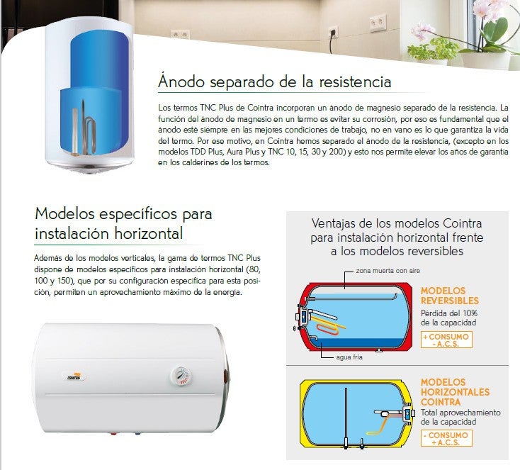 Thermostat d'eau chaude 80L Horizontal COINTRA TNC plus-80 H | 1500W, V18035, Slim, Horizontal, x 45cm, x 47cm, Blanc - 3