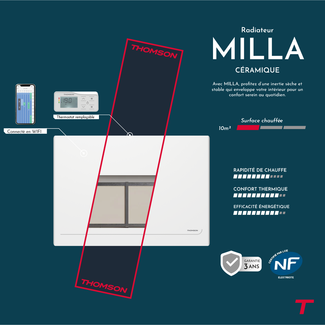 Radiateur électrique fixe connecté WiFi à inertie sèche céramique avec thermostat interchangeable 1000W THOMSON MILLA horizontal blanc - 2