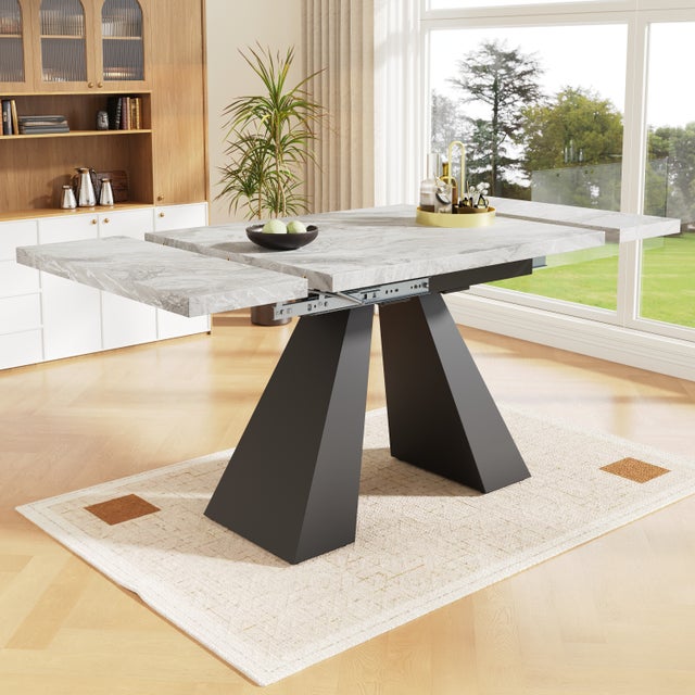 Mesa de comedor extensible - 99-159 x 74 x 77 cm - Tablero efecto mármol - MDF y metal - Gris + negro