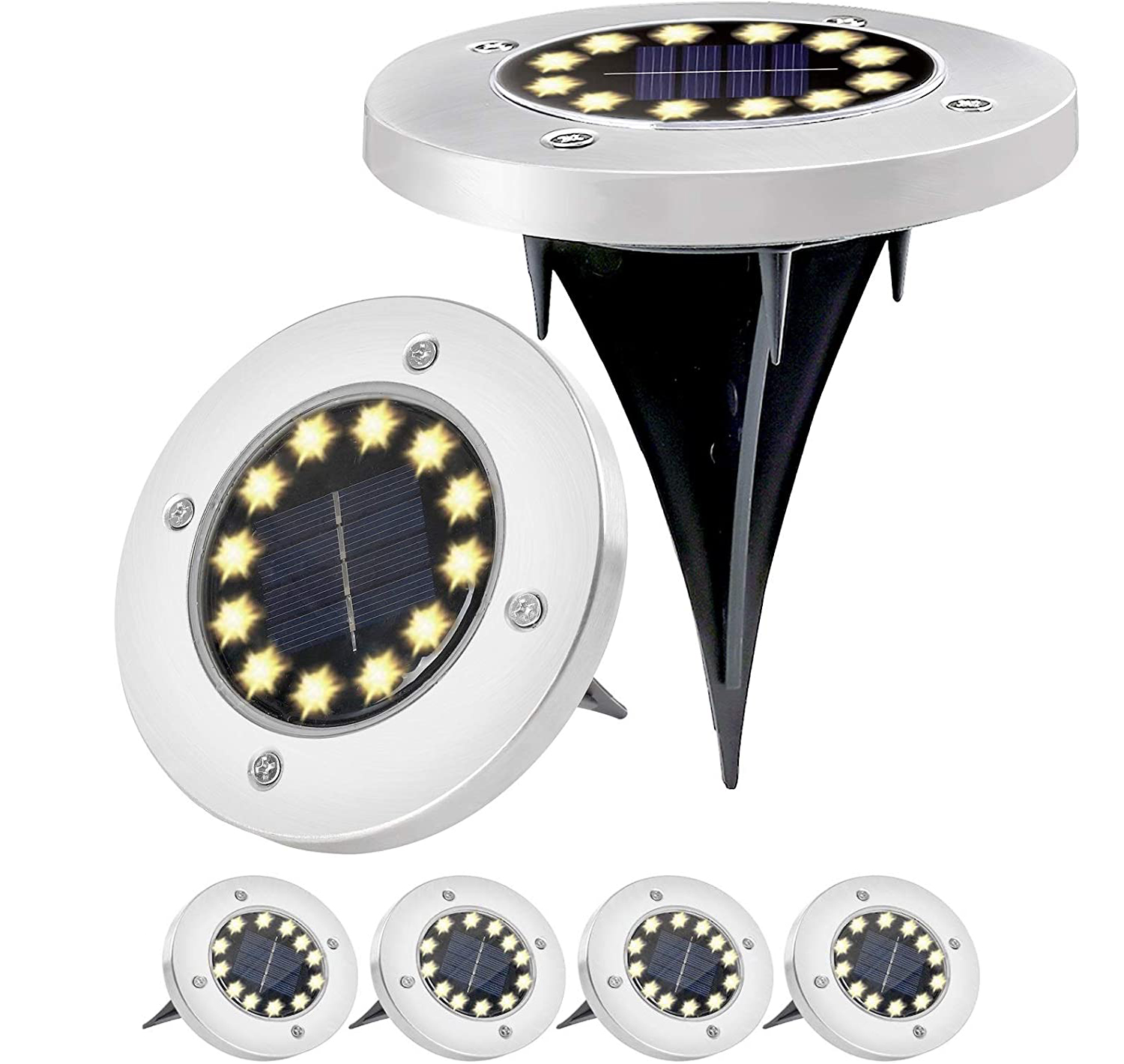 Zestaw 6 solarnych lamp podłogowych 12 LED, wodoodpornych, do ogrodu, na podwórko, taras, ścieżkę, alejkę, patio