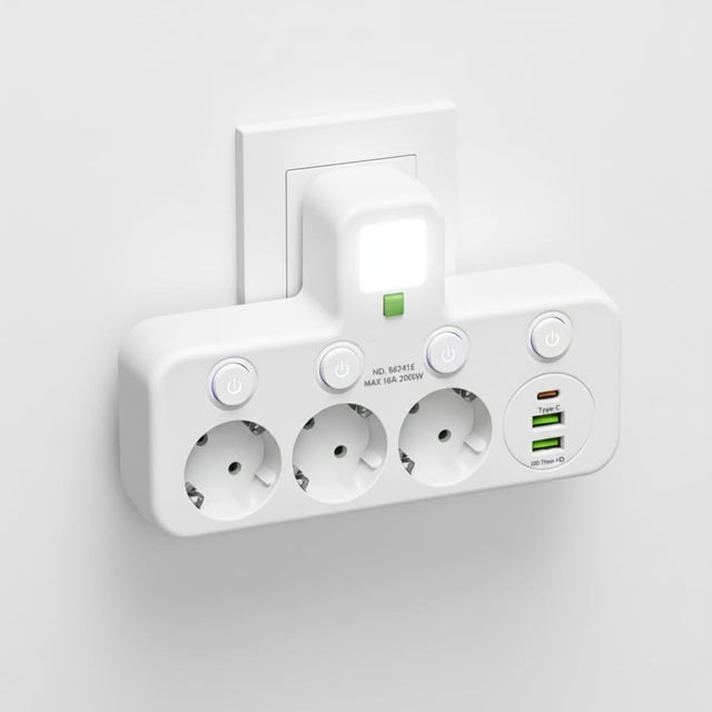 Multipresa murale 7‑in‑1 – 3 prese francesi, 3 USB (1 USB‑C PD20W), LED, interruttore, ricarica rapida