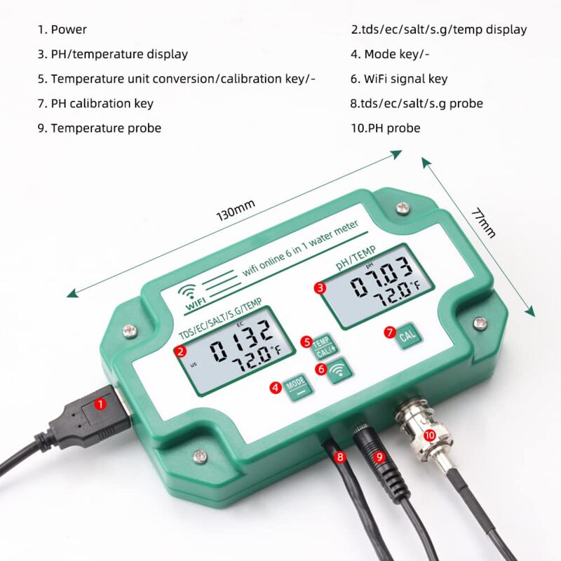 Rosvola Testeur de qualité de l'eau 6 en 1 WiFi PH/TDS/EC/S.G/Salt/Temp Meter - 3