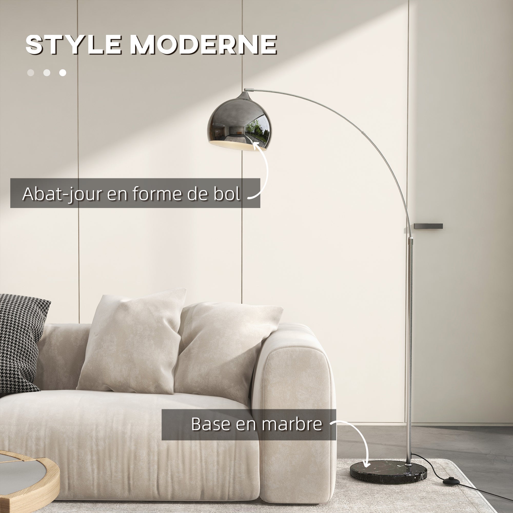 Lampadaire lampe de salon arc réglable pied marbre style vintage 40W E27 dim. 100-115L x 30l x 170-180H cm noir gris - 6