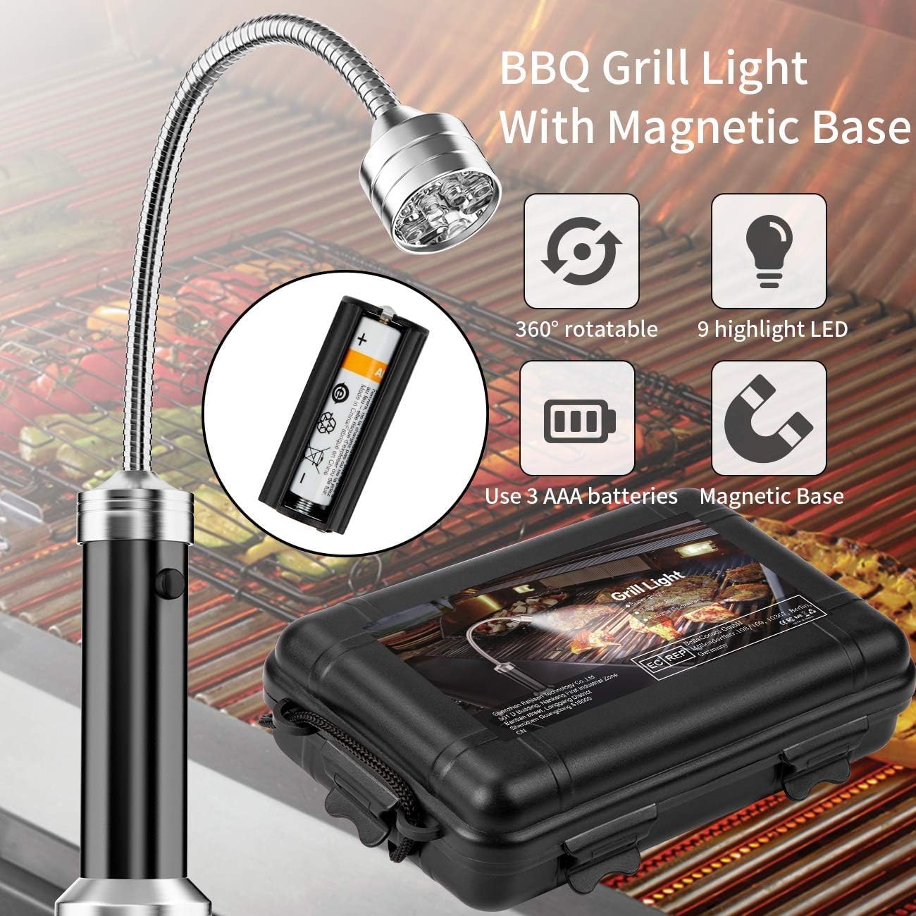 Oświetlenie do grilla, zestaw 2 lampek LED do grilla z magnetyczną podstawą, obrót o 360 stopni, elastyczne i regulowane do grillowania i na kemping - 4