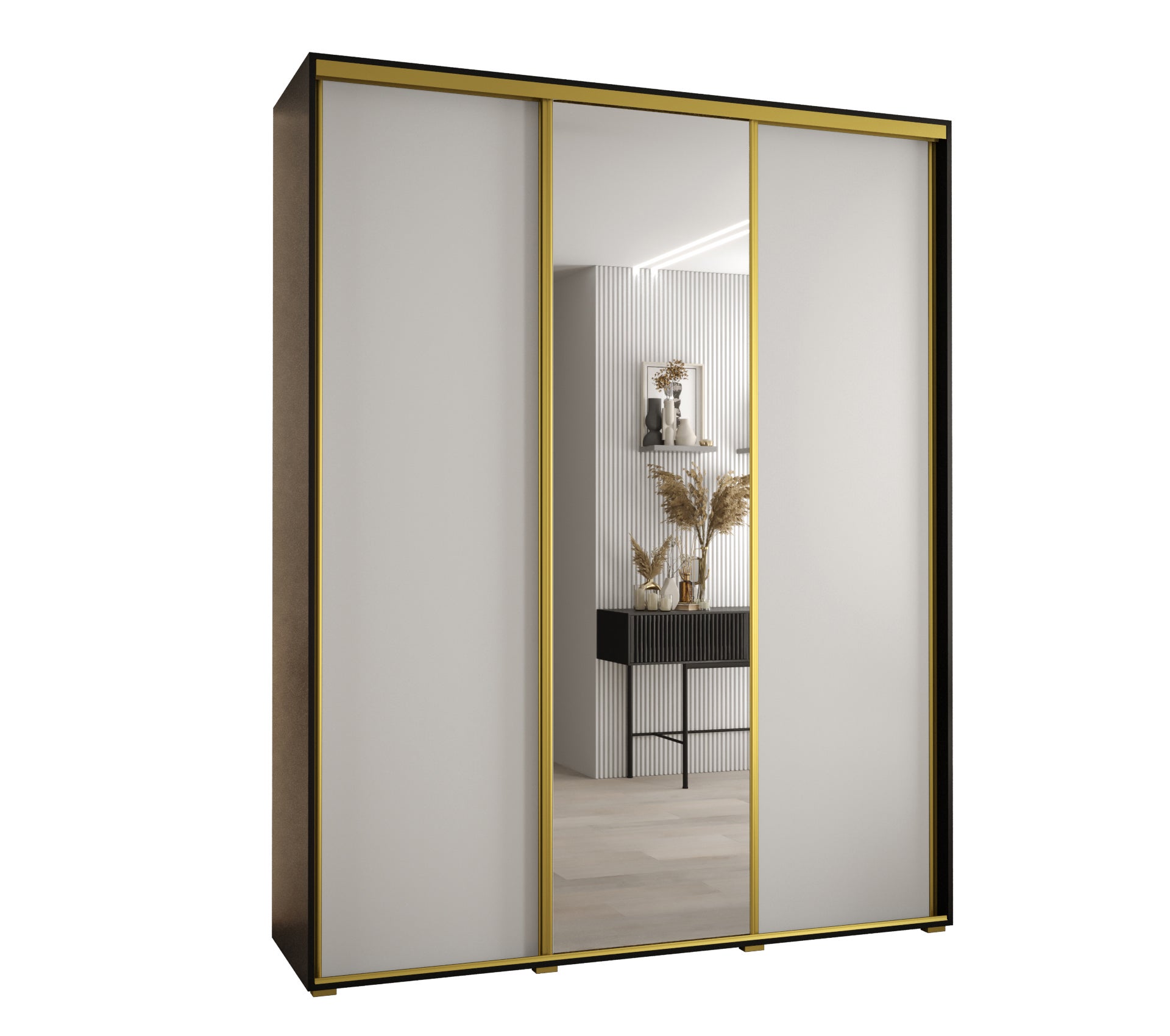 Szafa przesuwna z lustrem wysoka Davos 3 200 x 60 x 235,2 cm czarny + biały + u. złoty - Abiks Meble