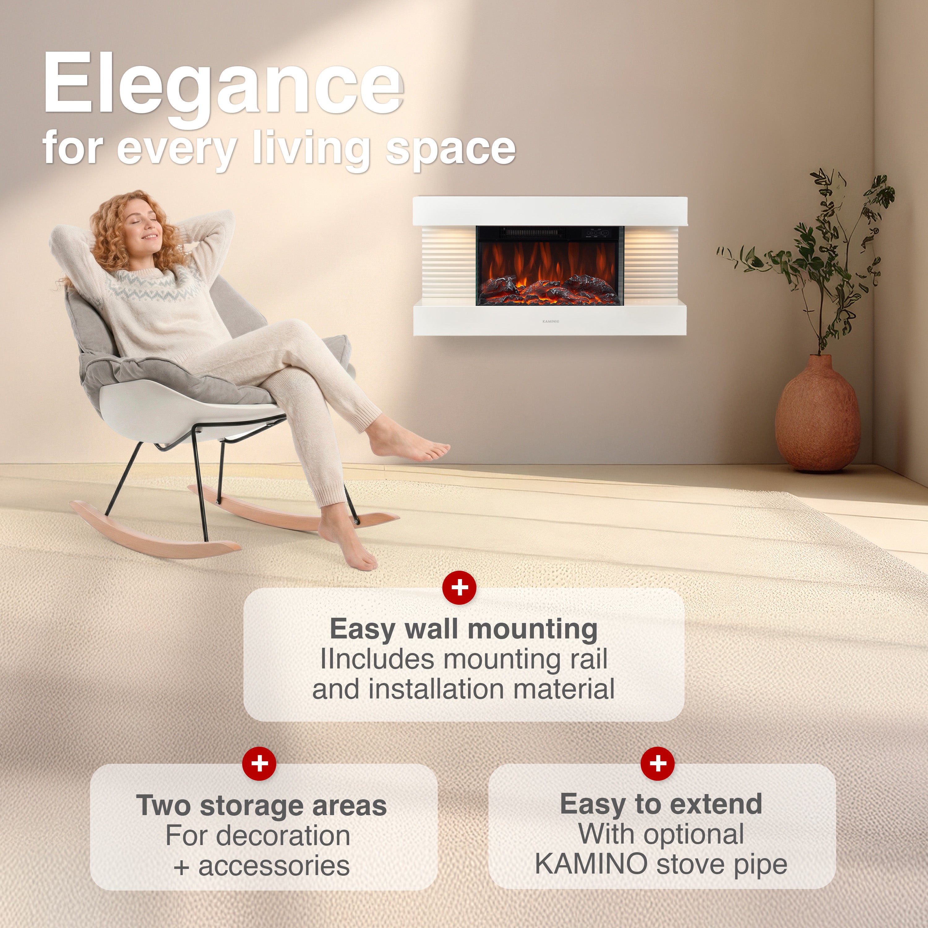 KAMINIO Chimenea eléctrica LIZ - Chimenea de pared con calefacción, efecto llama 3D, luz ambiental, control remoto - Blanco - 2