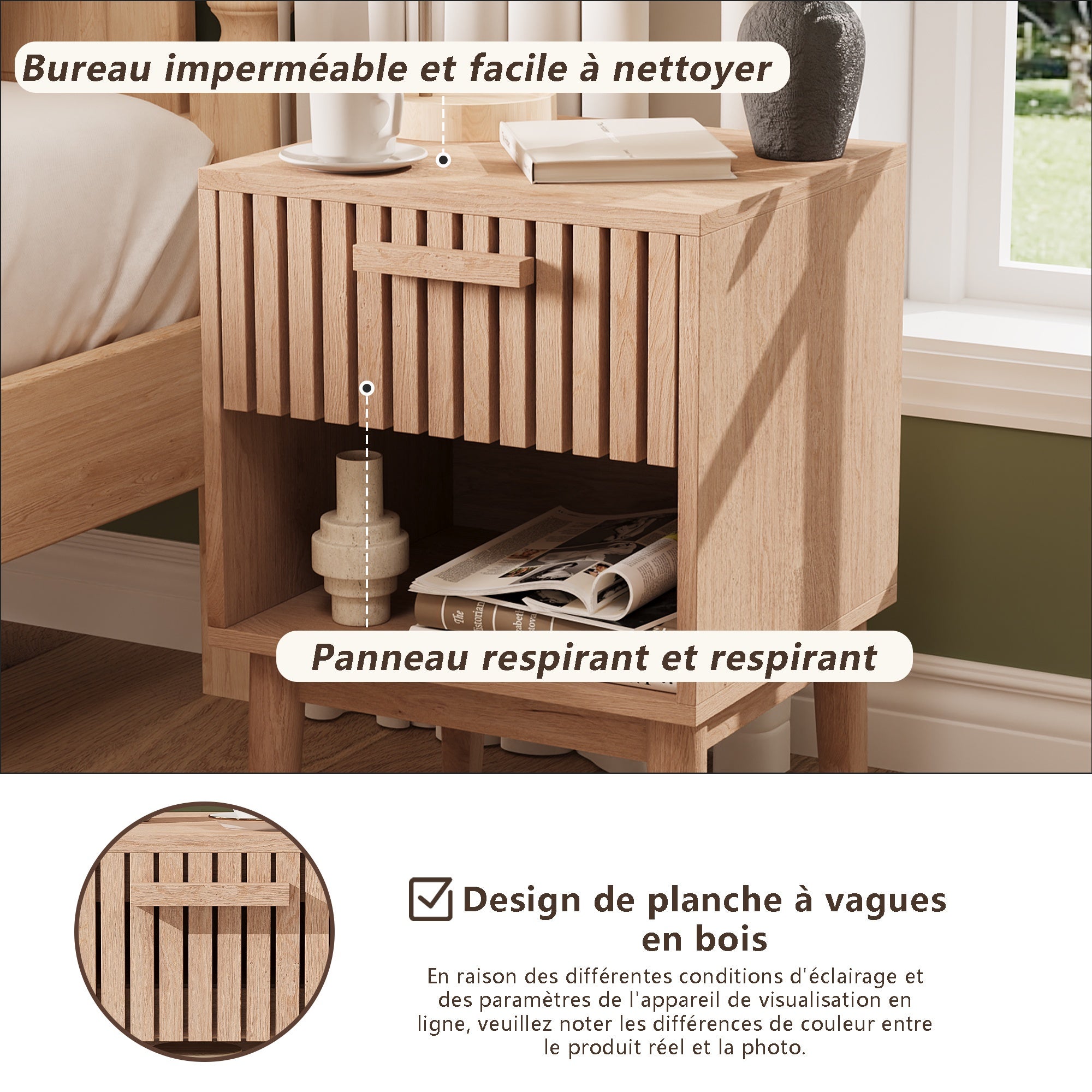 Lot de 2 Tables de Chevet - 40x35x55cm - avec Tiroir Ondulé et Niche Ouverte - Pieds en Bois Massif - en Bois Clair - 8