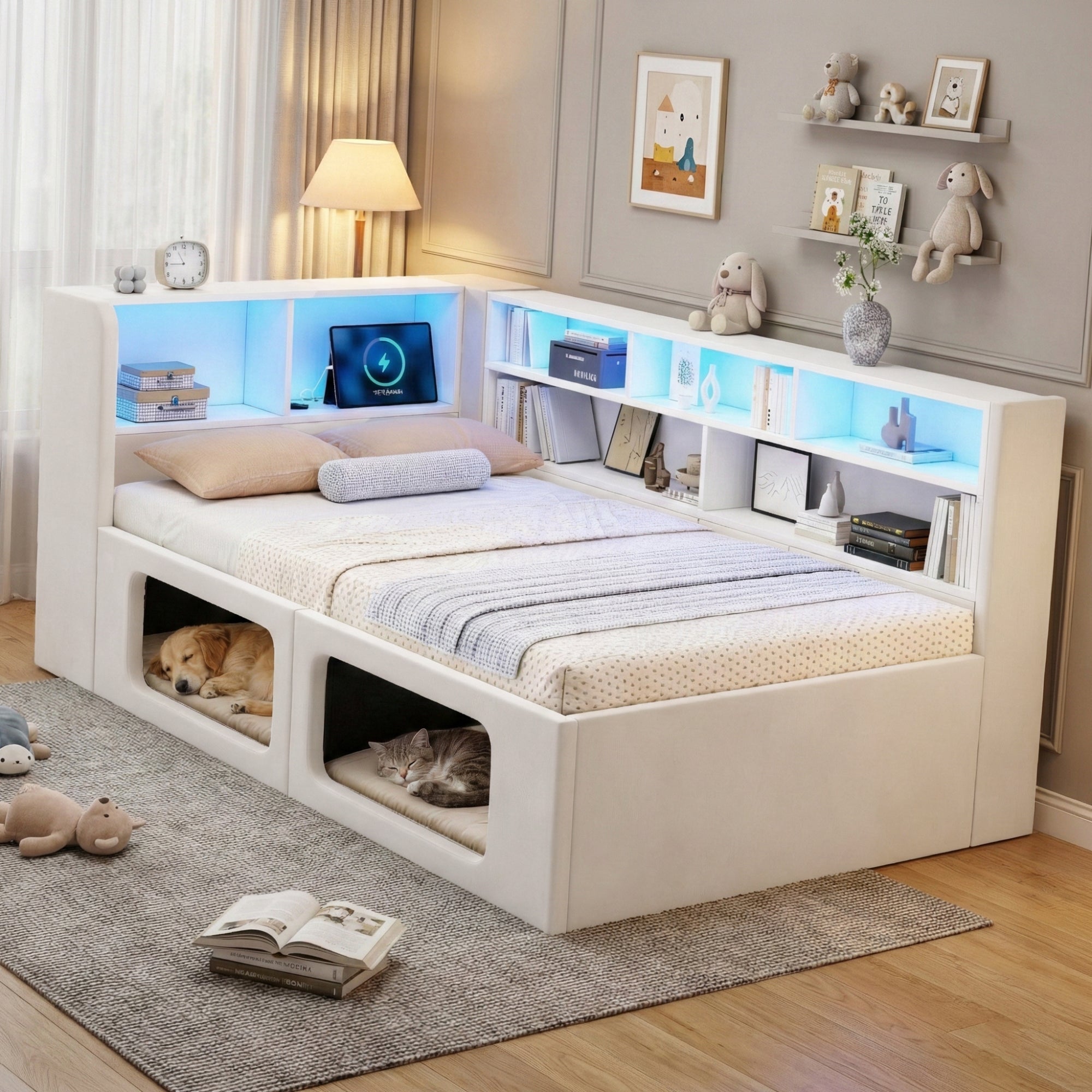 Łóżko 90 x 200 cm z wnękami na schowki – diody LED, wbudowane porty USB i USB-C – przyjazne dla zwierząt – aksamit – kolor beżowy