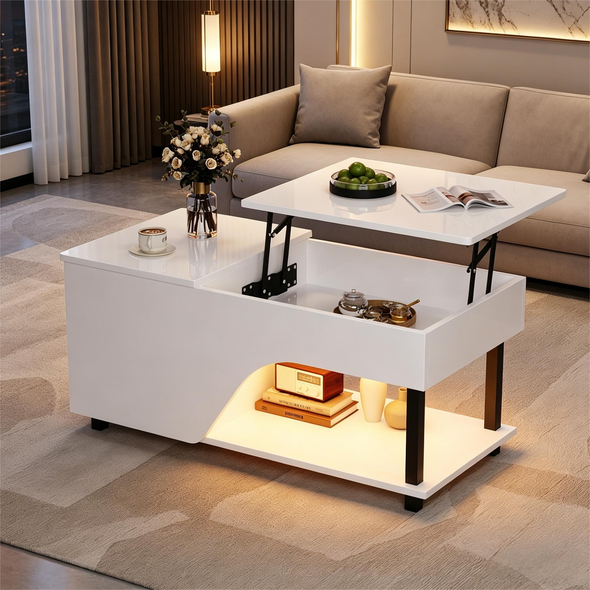 Table Basse Relevable Blanche avec Rangement Caché, LED USB et Plateau ...